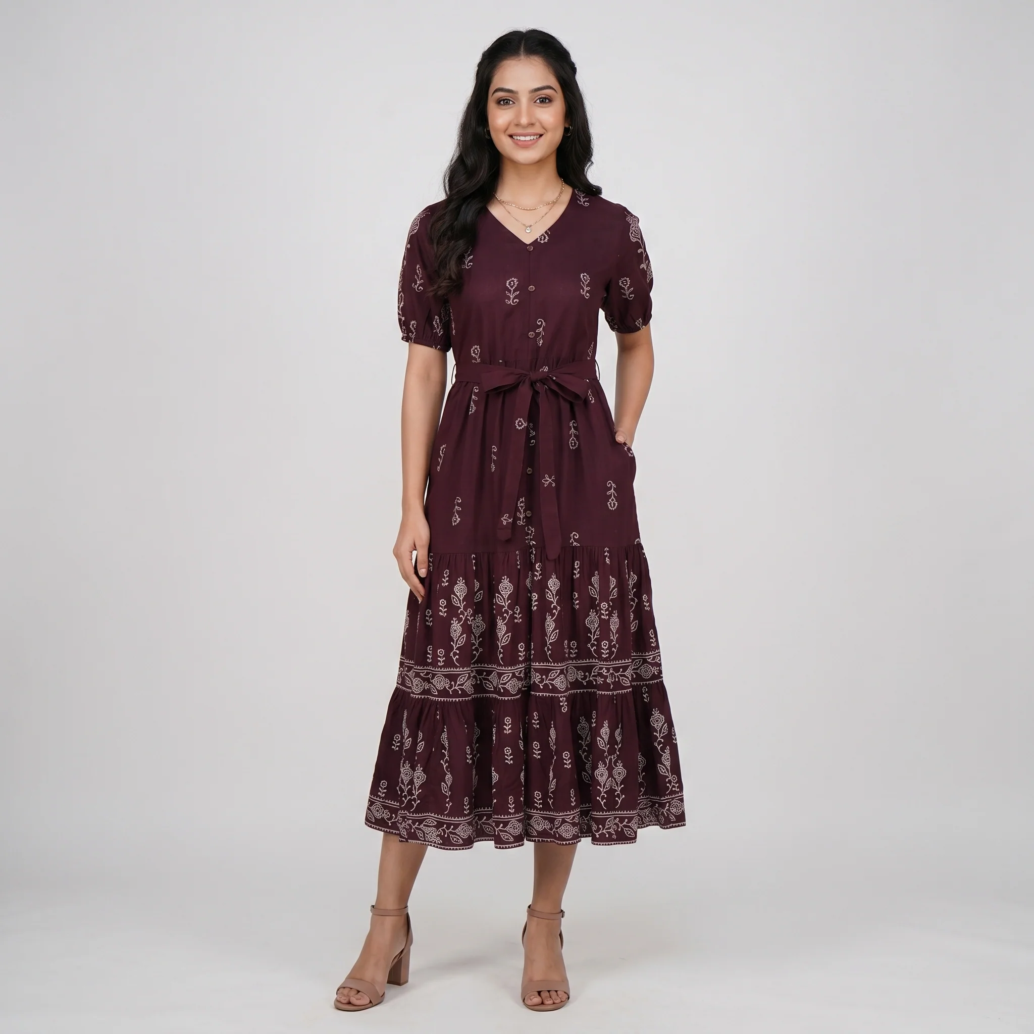 Embroidered V-Neck Tiered Dress