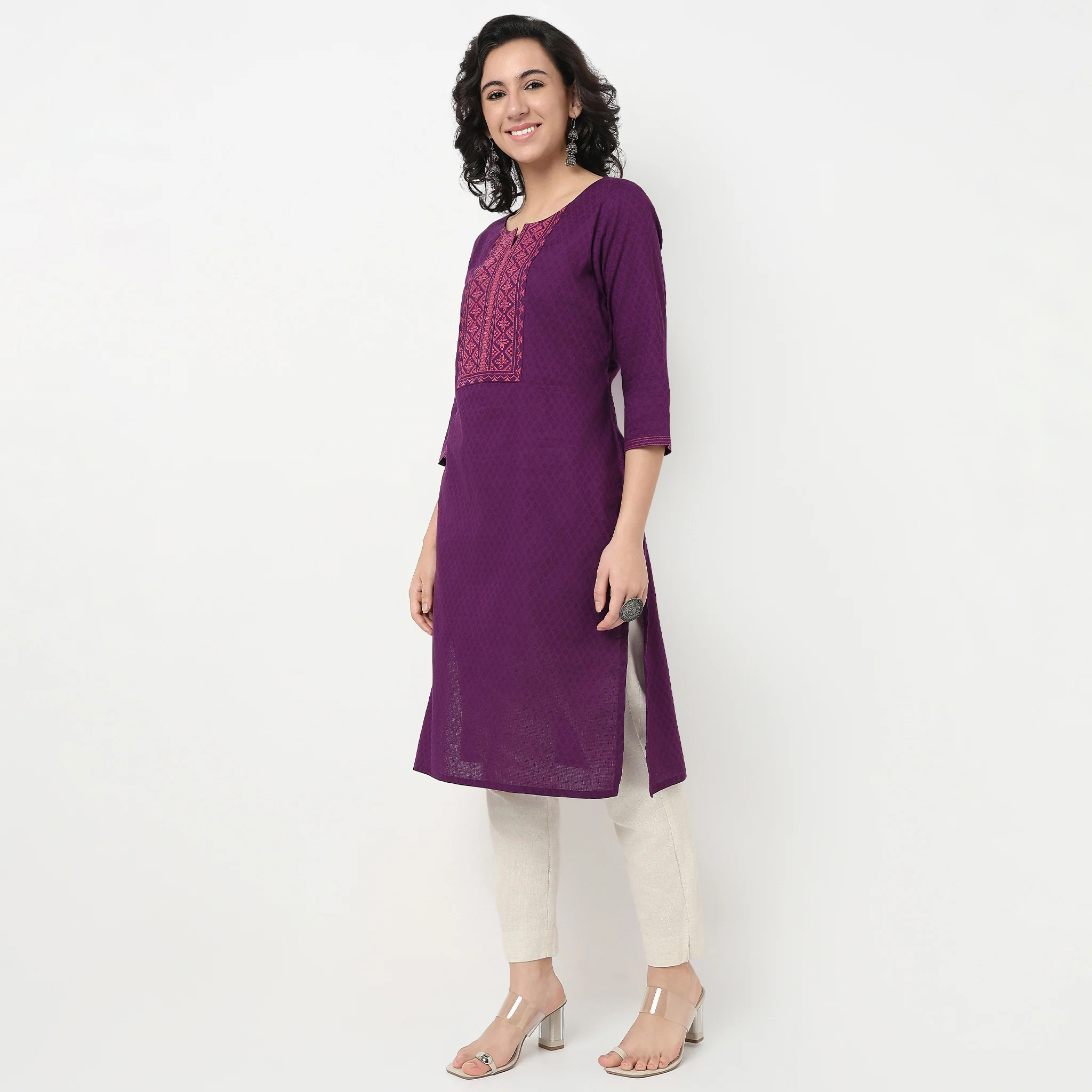 Embroidered Yoke Cotton Dobby Kurta - Image 5