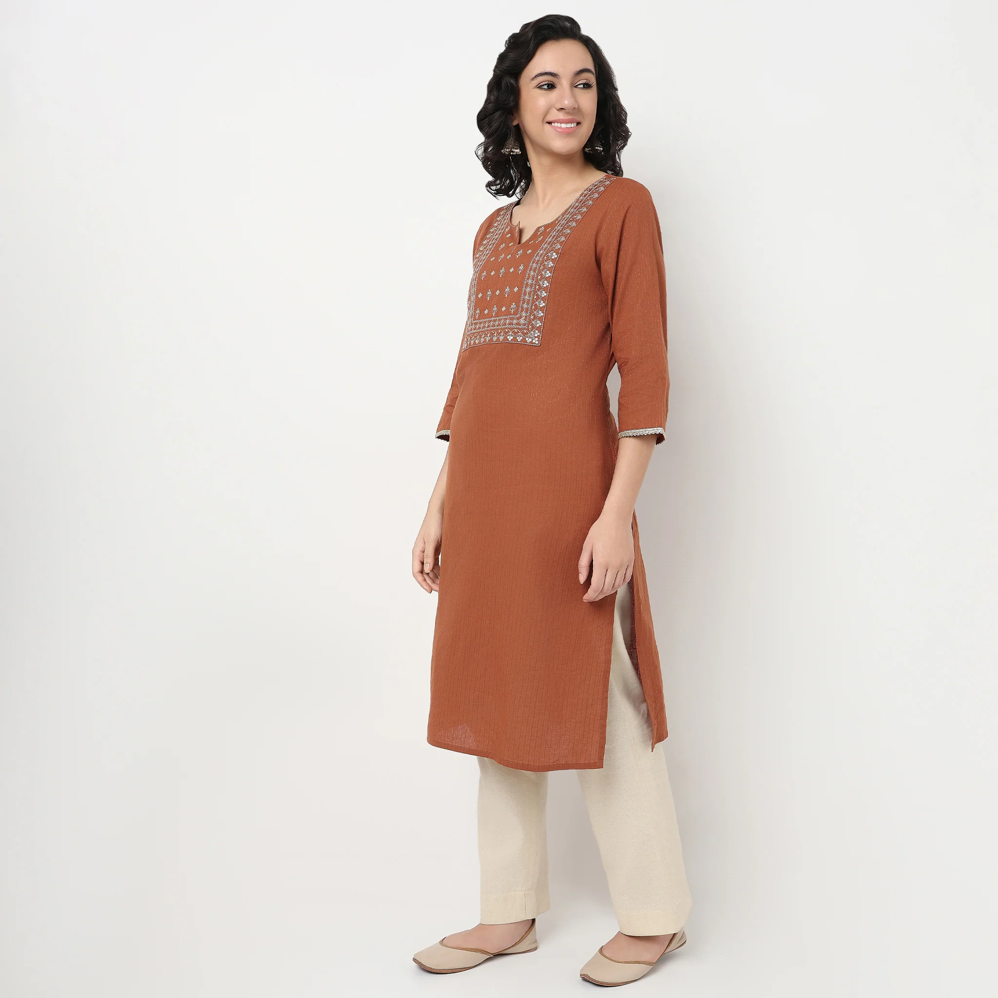 Embroidered Yoke Cotton Dobby Kurta - Image 2