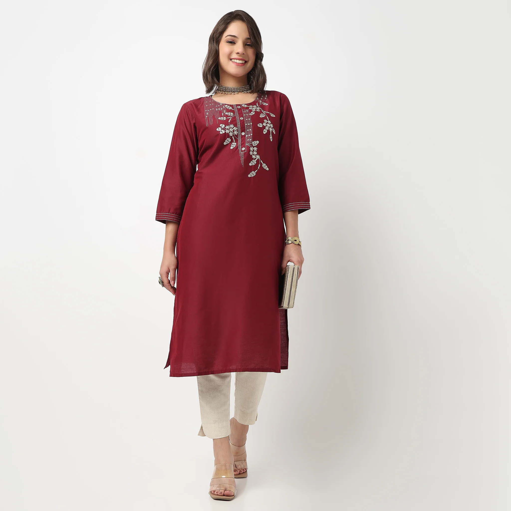 Embroidered Yoke Long Kurta - Image 2