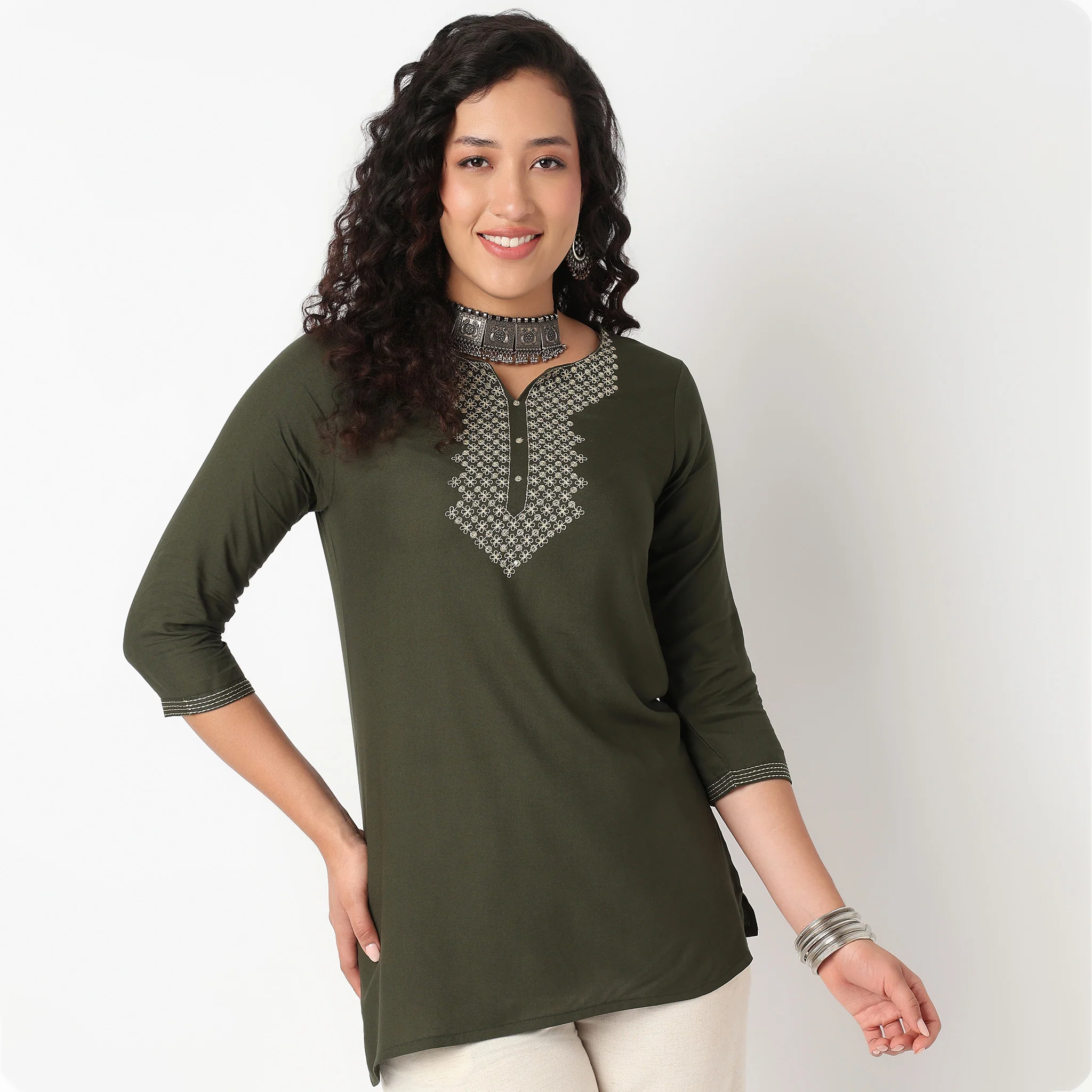 Embroidered Yoke Short Kurti - Image 2