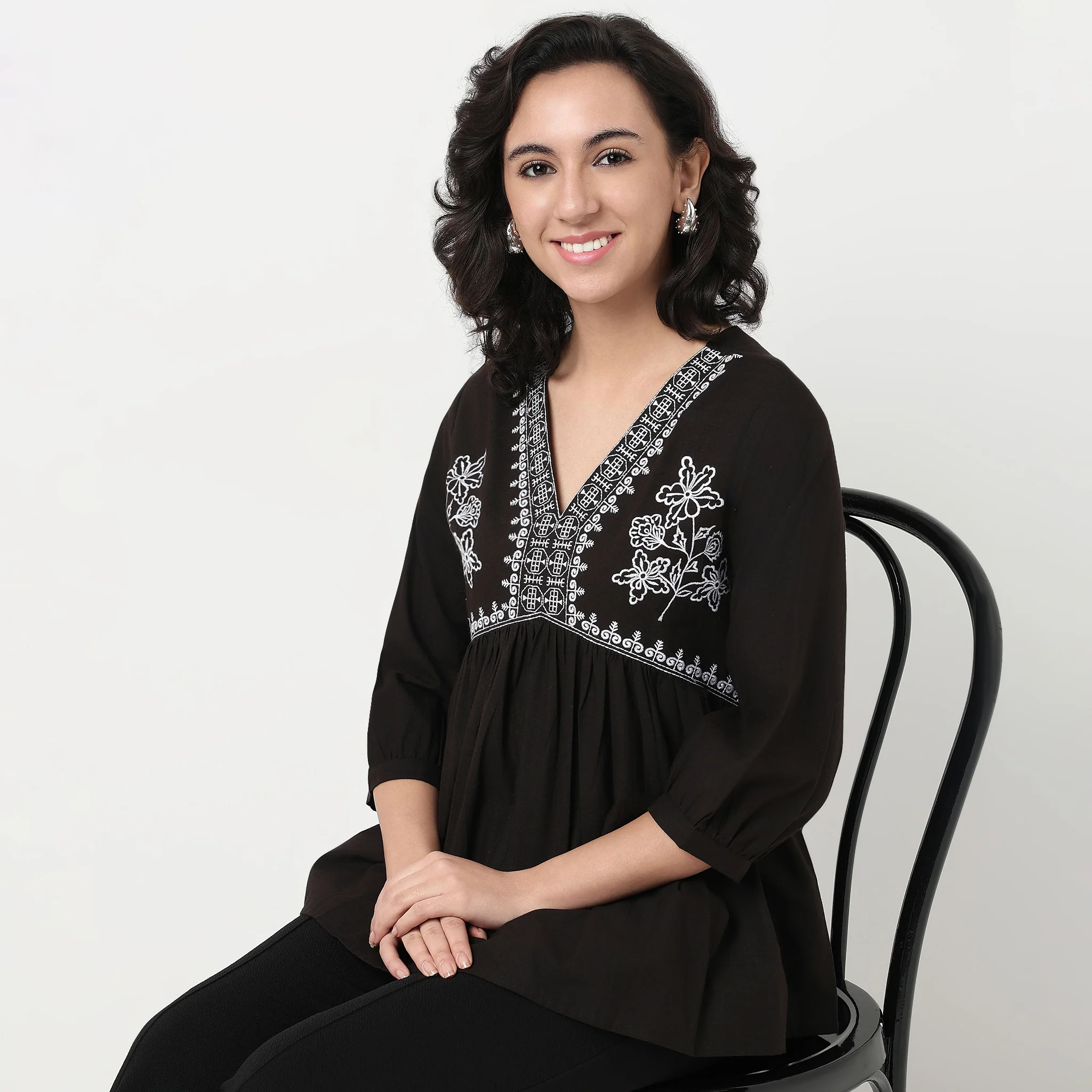 Embroidered Yoke V-Neck Alia Cut Top - Image 5