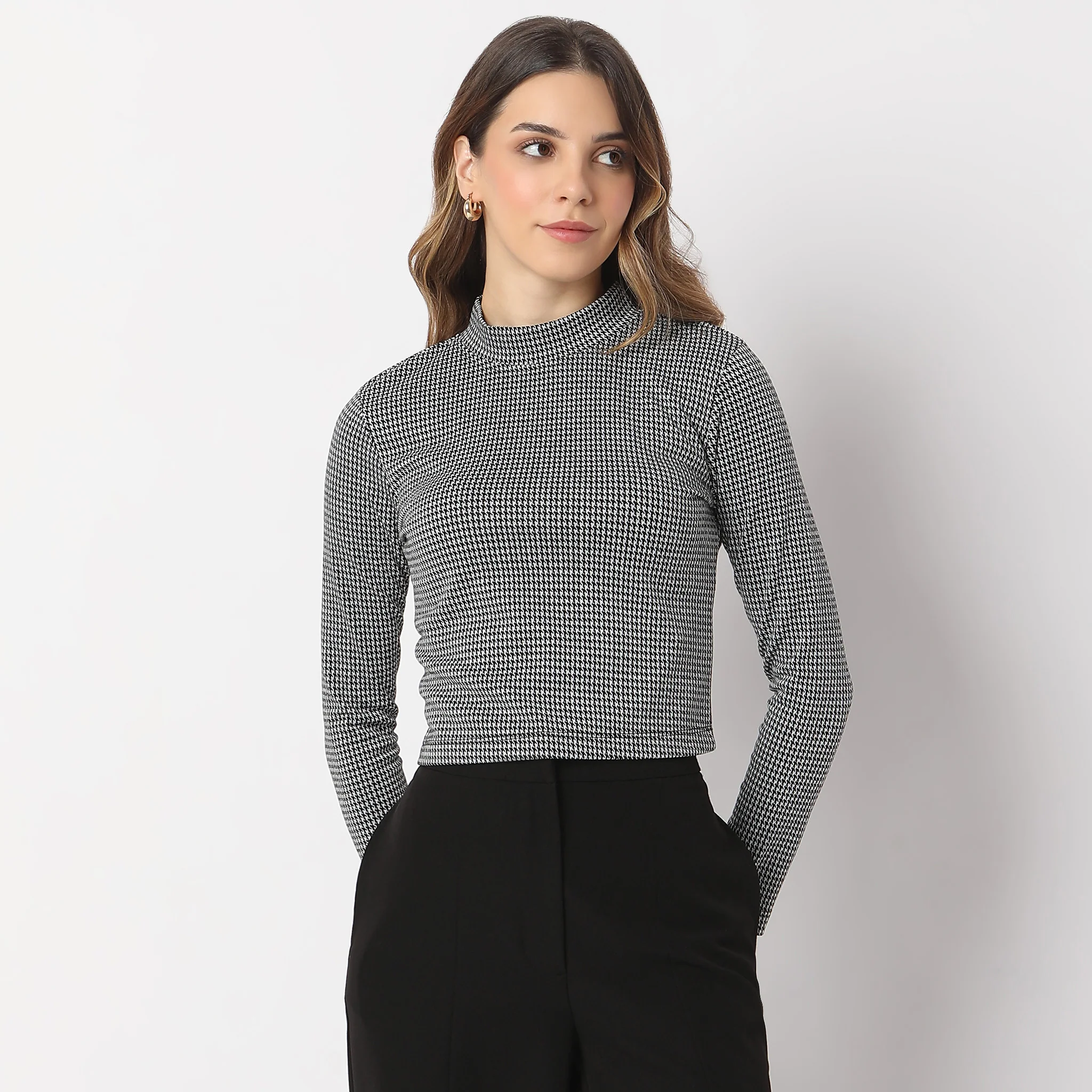 Fitted Houndstooth Mock Turtle Neck Full Sleeve T-Shirt - Image 2