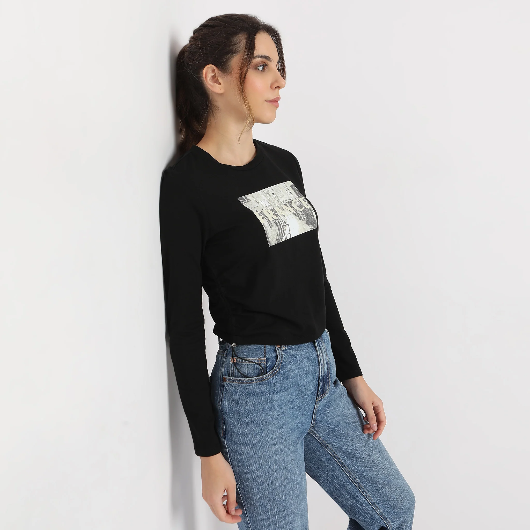 Fitted Printed Full Sleeve Side Ruching With Front Print T-Shirt