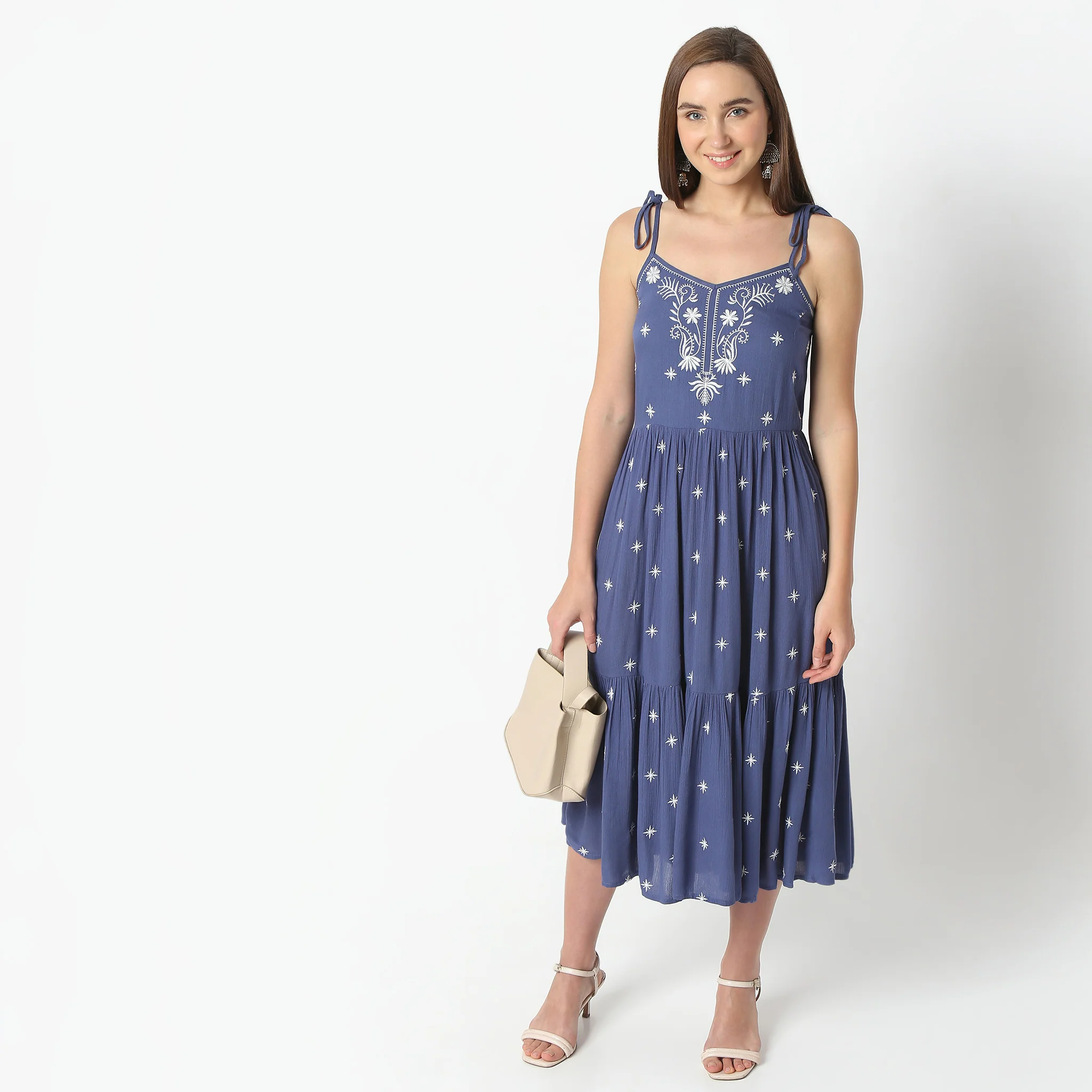 Flare Fit Embroiderd Below Knee V-Neck Spaghetti Dress
