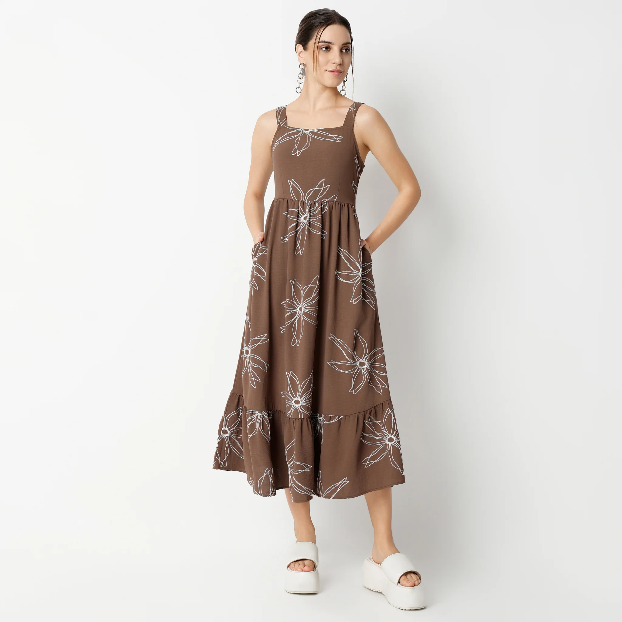 Flare Fit Embroidered Calf Length Square Neck Strap Dress