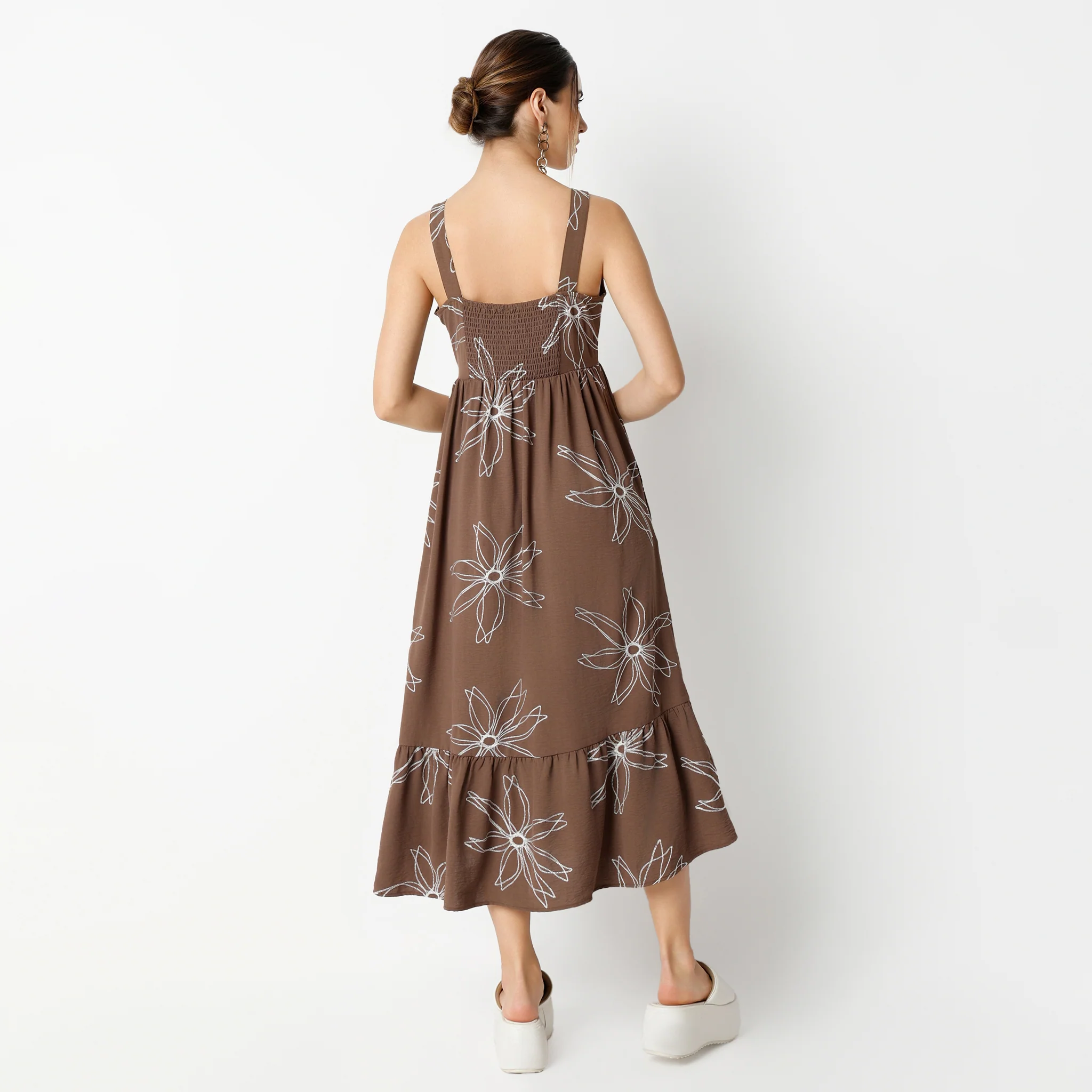 Flare Fit Embroidered Calf Length Square Neck Strap Dress - Image 3