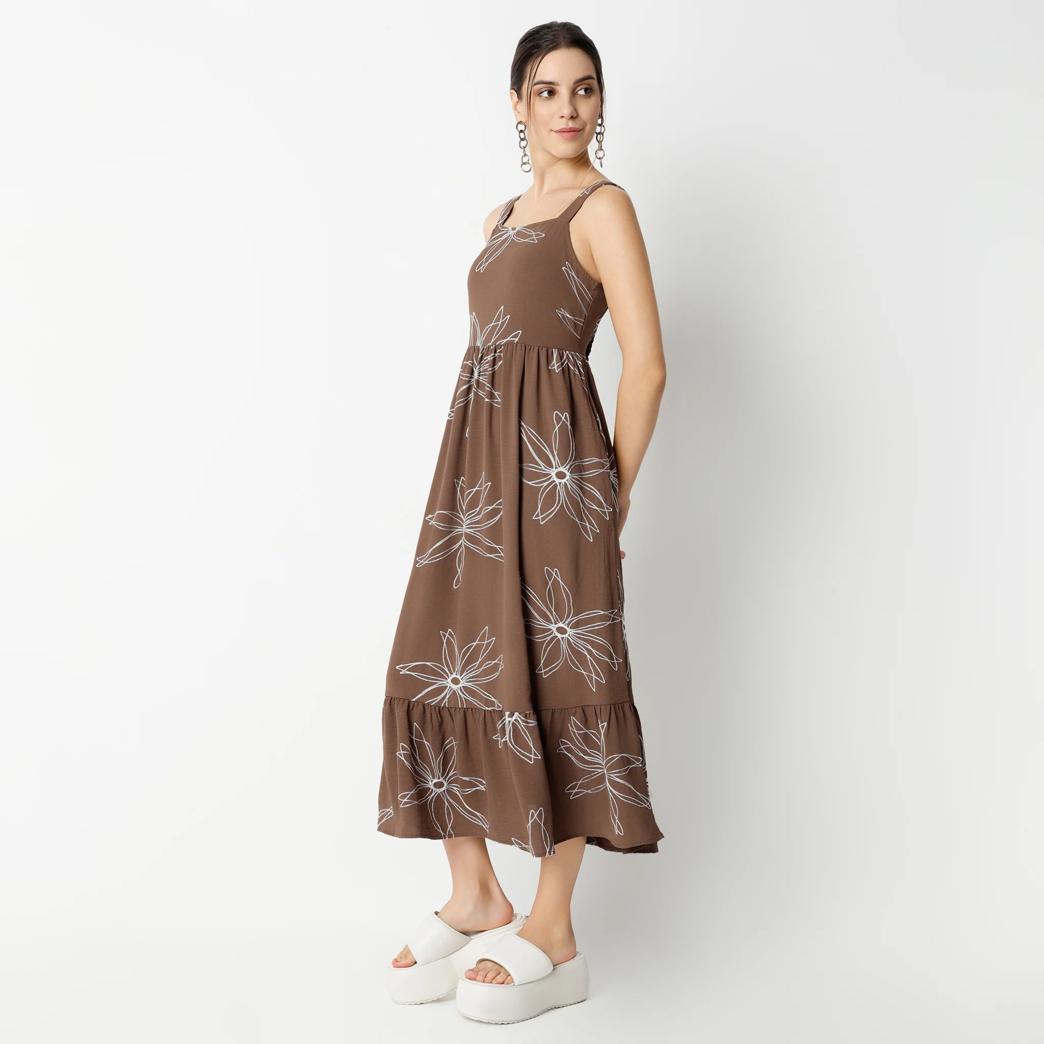 Flare Fit Embroidered Calf Length Square Neck Strap Dress - Image 4