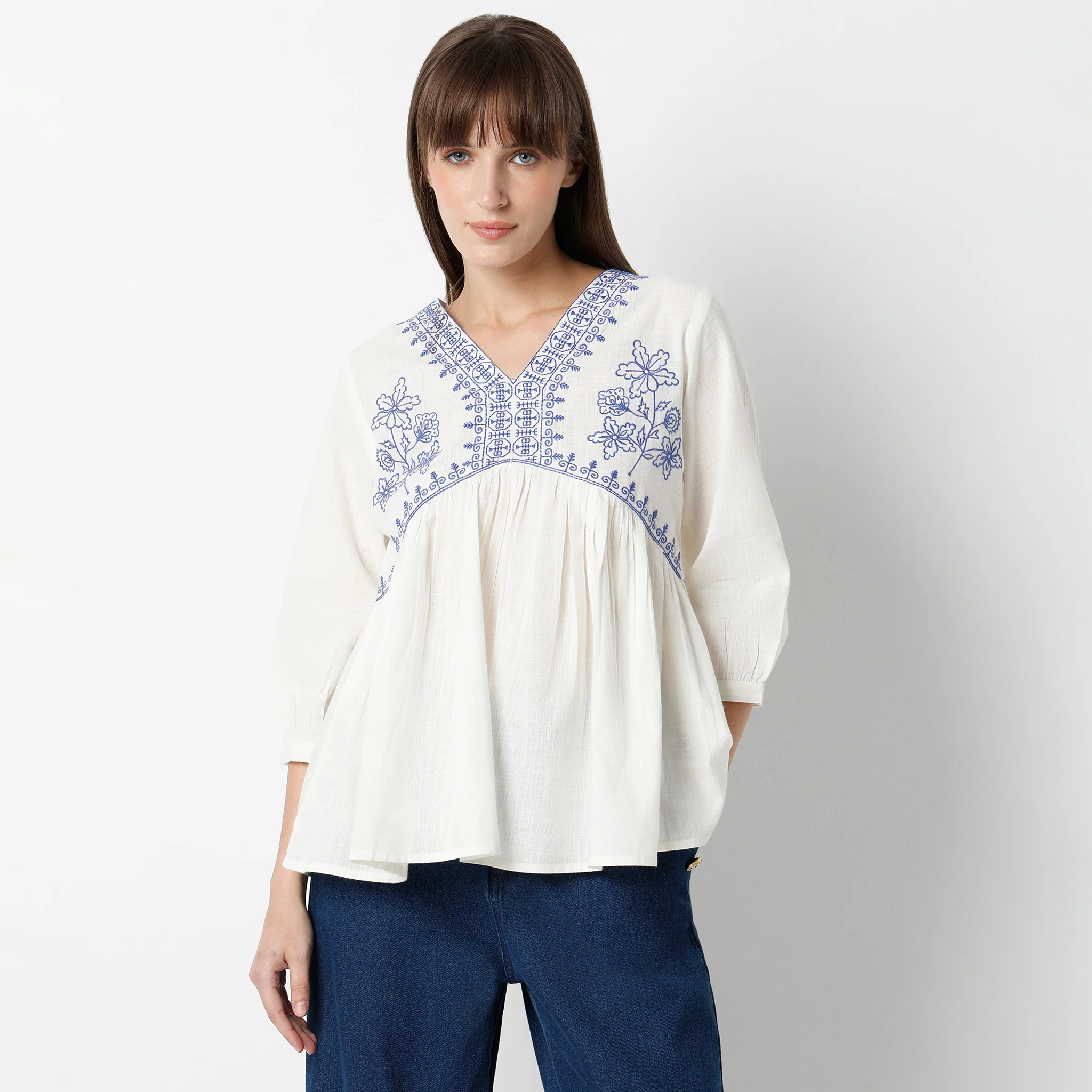 Alia Cut Embroidered Top With Gathered Sleeve