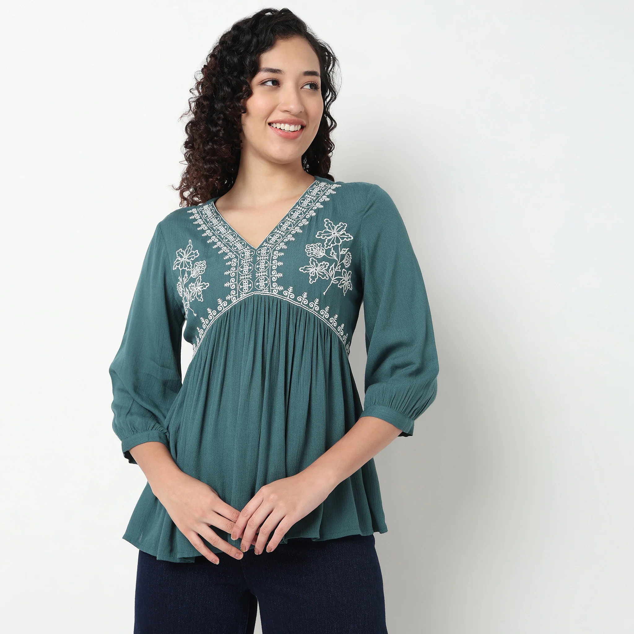 Alia Cut Embroidered Top With Gathered Sleeve - Image 7