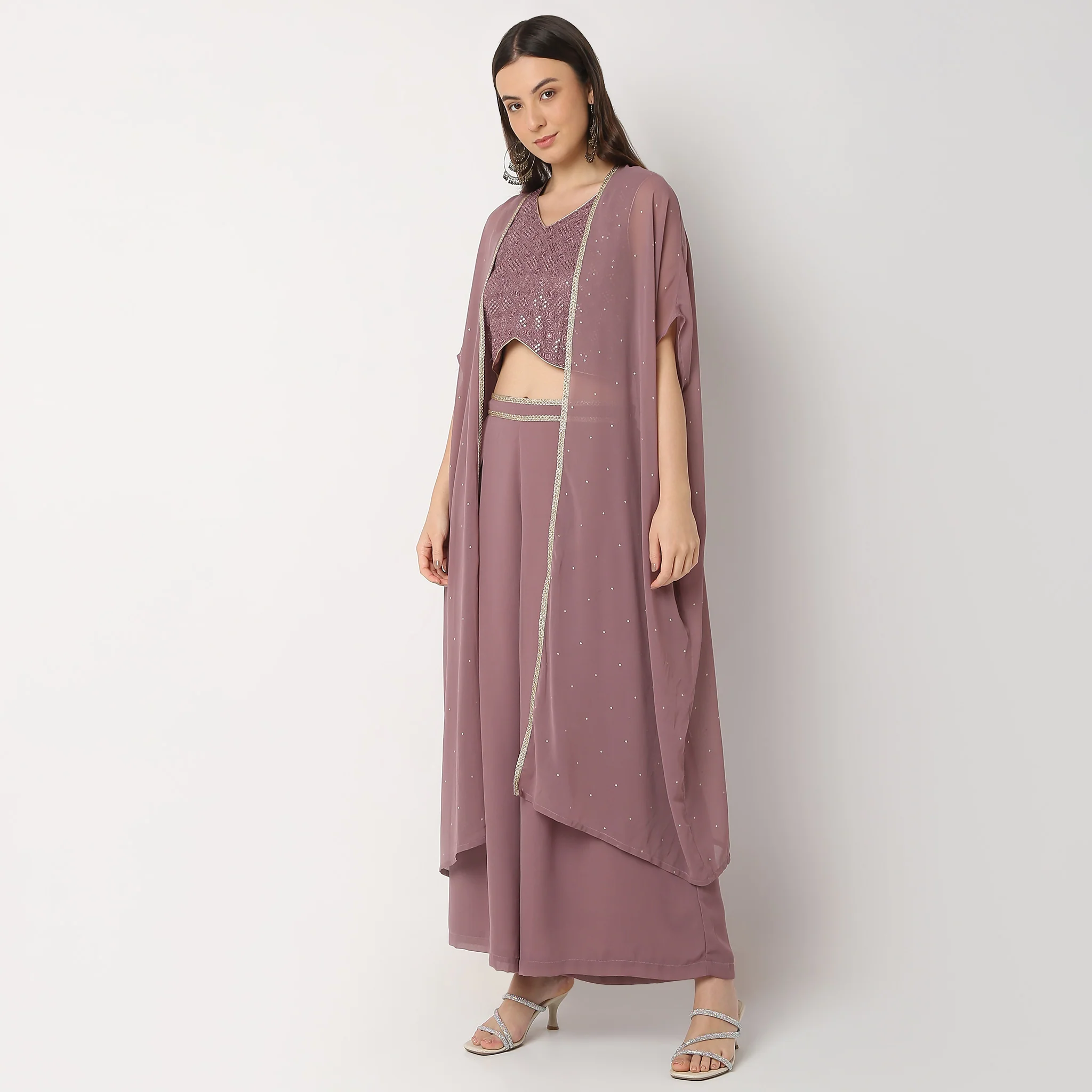 Flare Fit Embroidered Top With Palazzo & With Shrug Set - Image 5