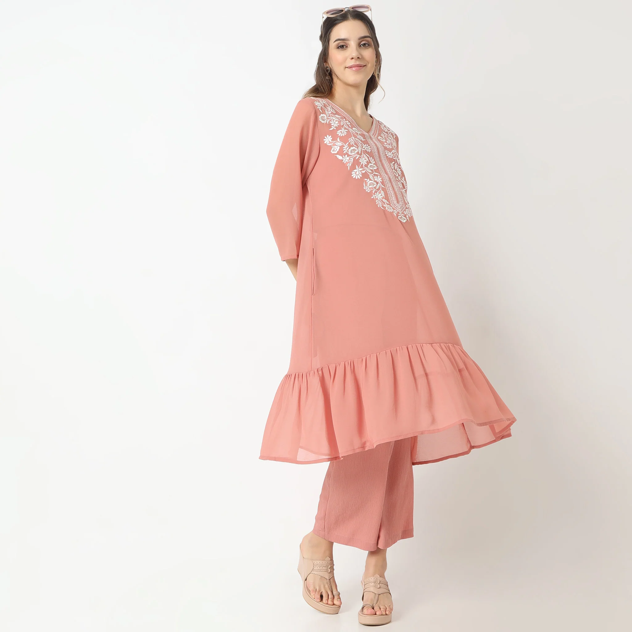 Flare Fit Embroidered V-Neck Slip And Kurta With Pant Set
