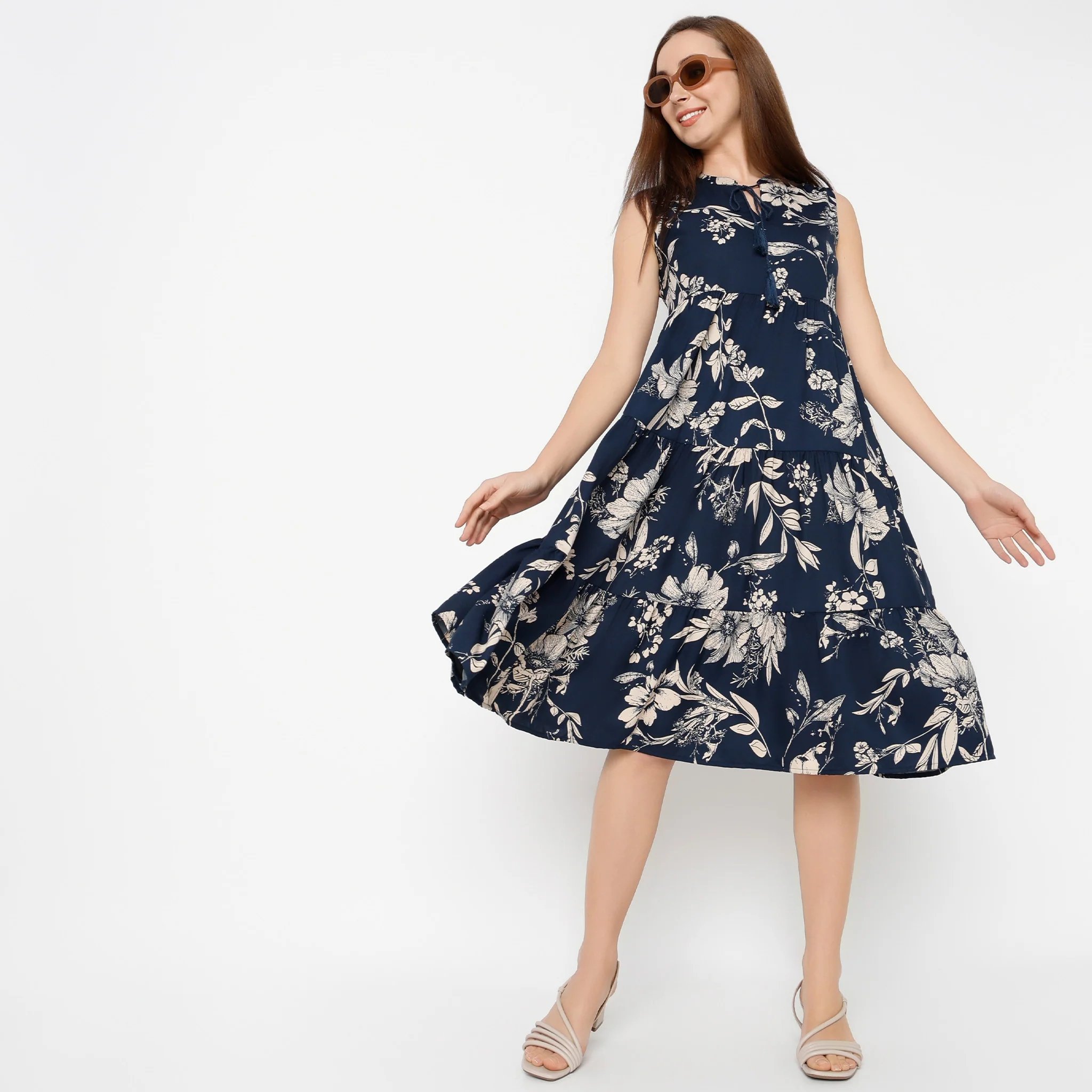 Band Neck Calf Length Flare Fit Floral Printed Strap Dress - Image 6
