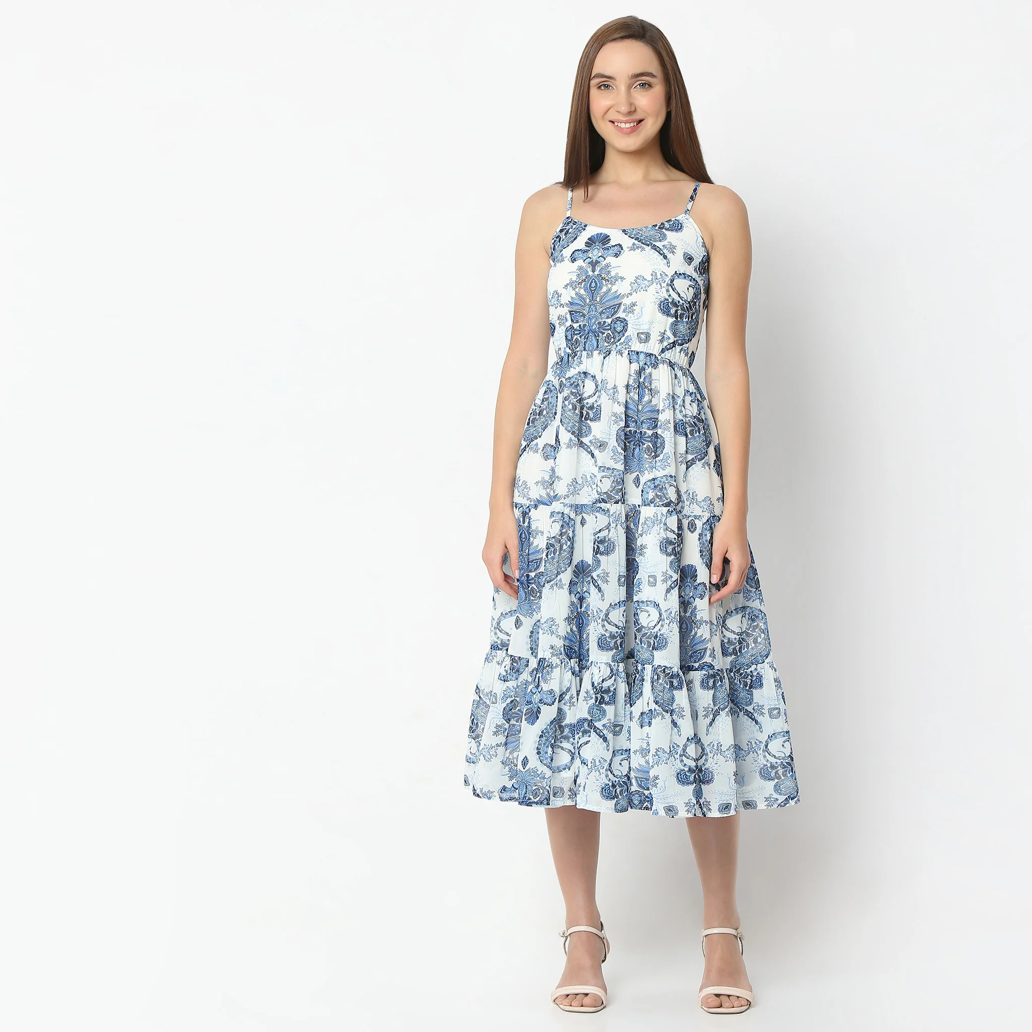 Flare Fit Floral Print Below Knee Spaghetti Dress - Image 2