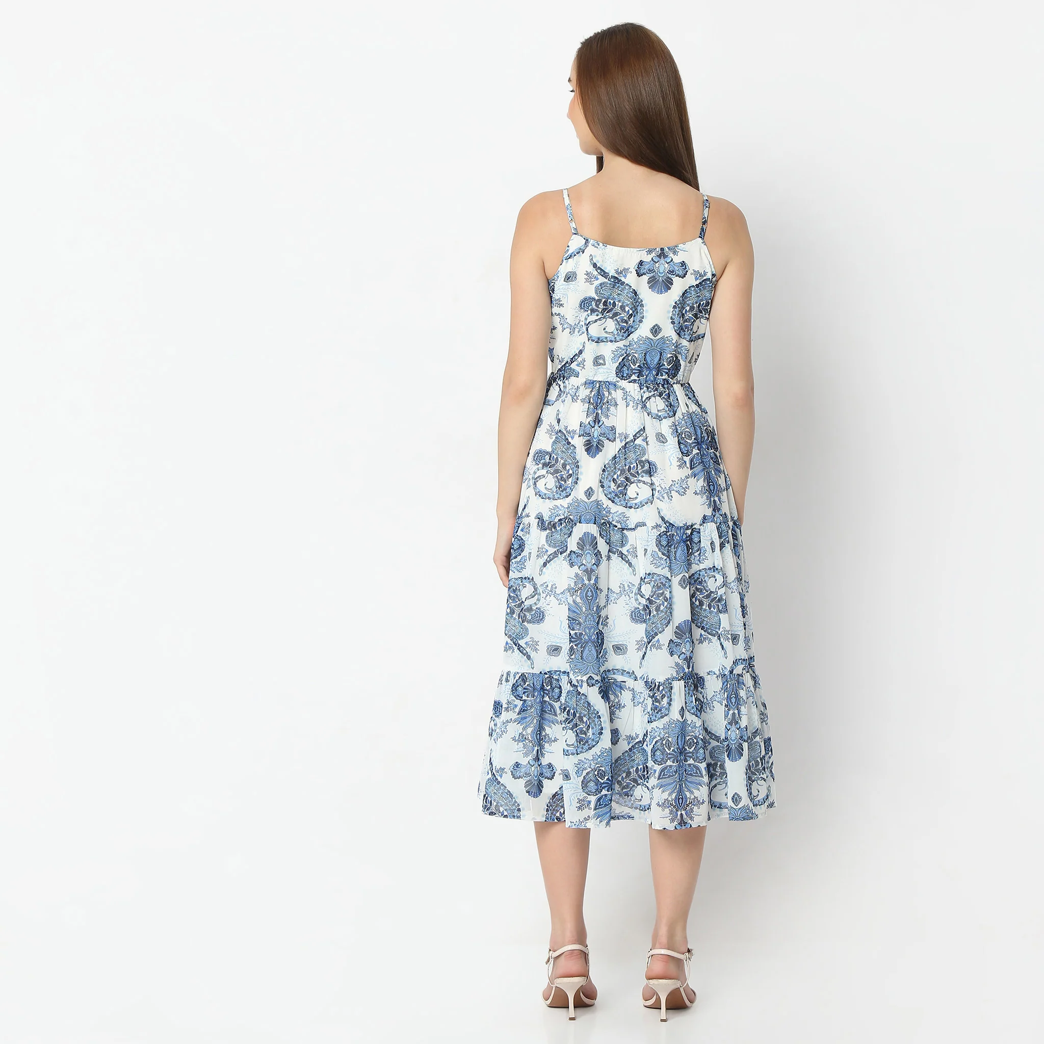 Flare Fit Floral Print Below Knee Spaghetti Dress - Image 3