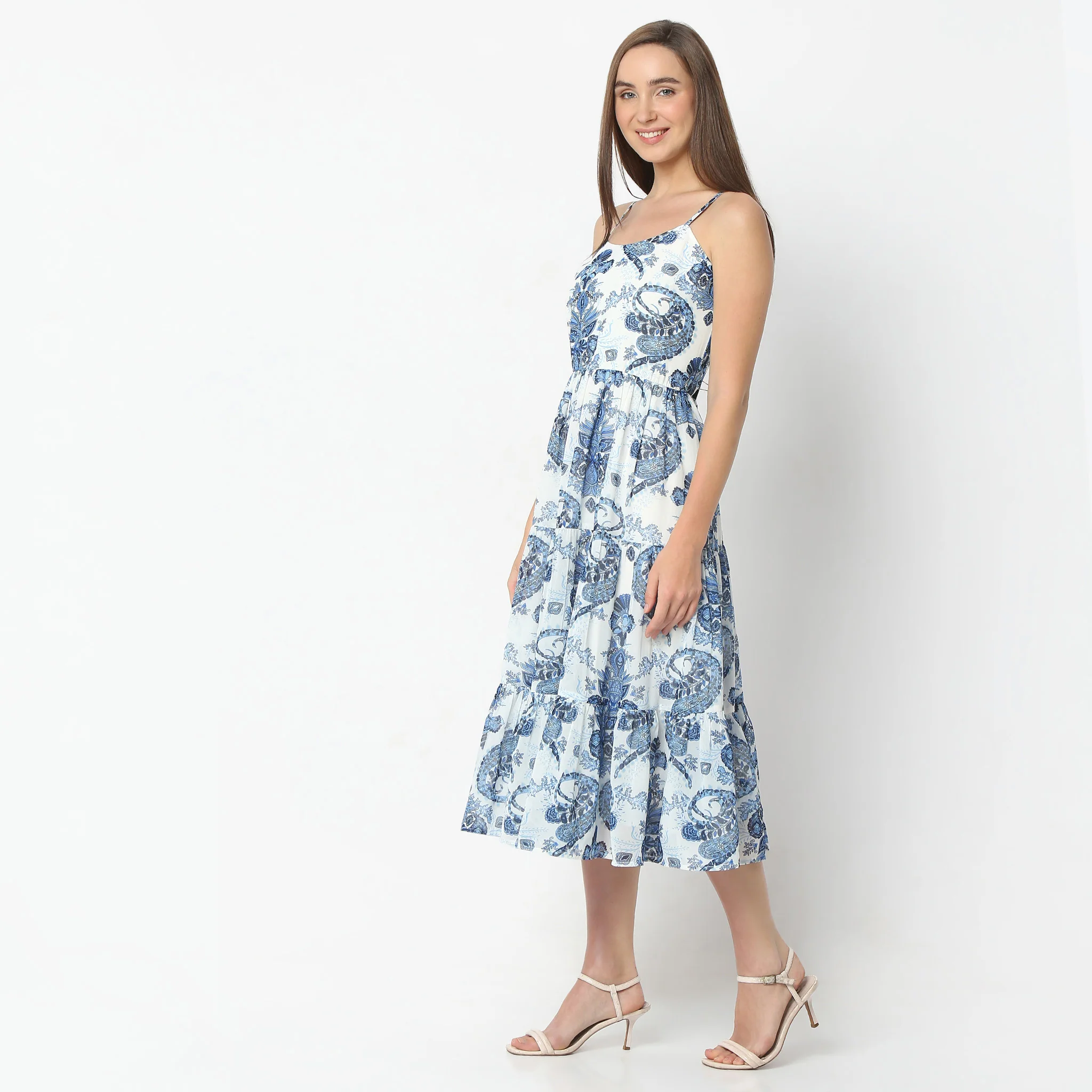Flare Fit Floral Print Below Knee Spaghetti Dress - Image 5