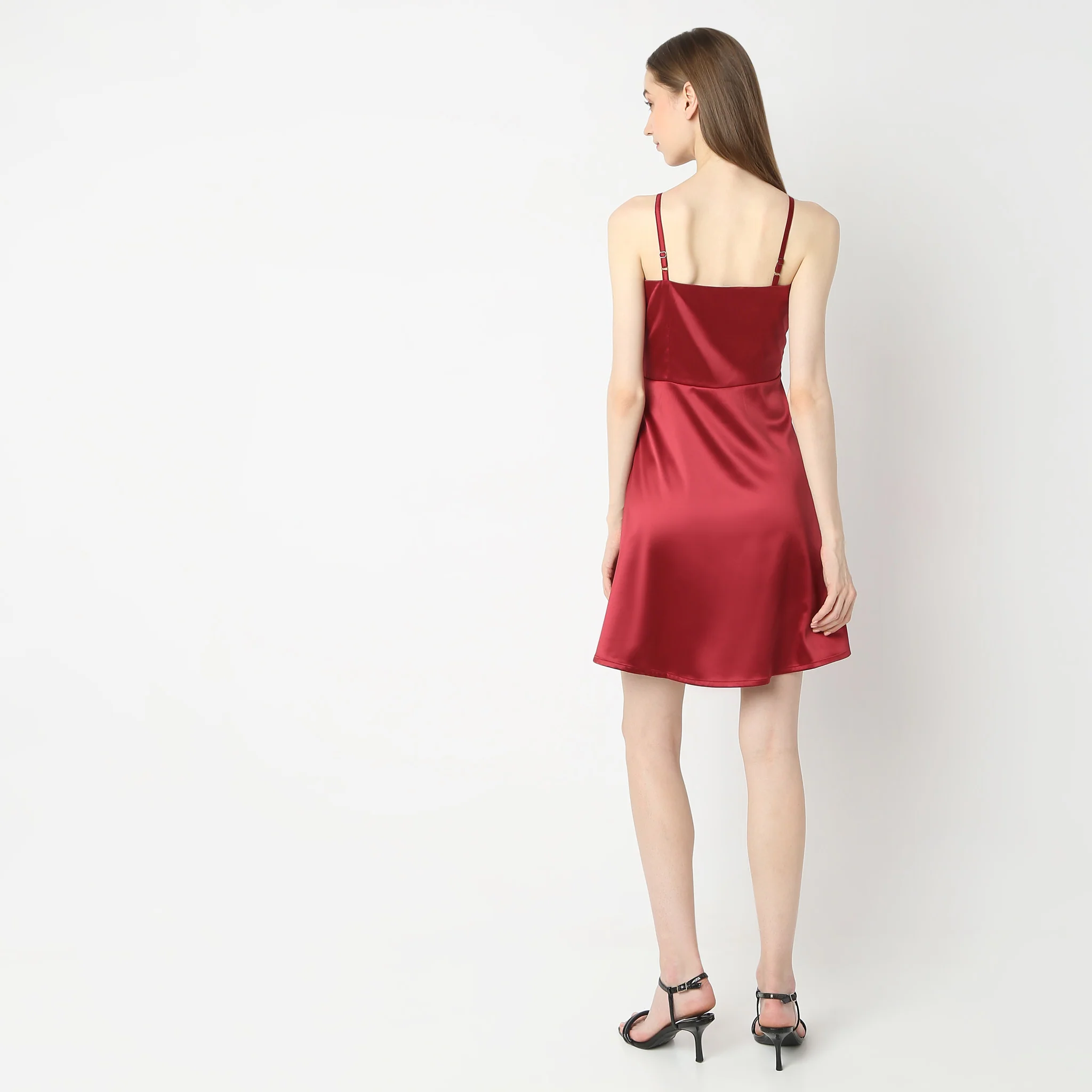 Flare Fit Shoulder Strap Satin Party Dress - Image 3