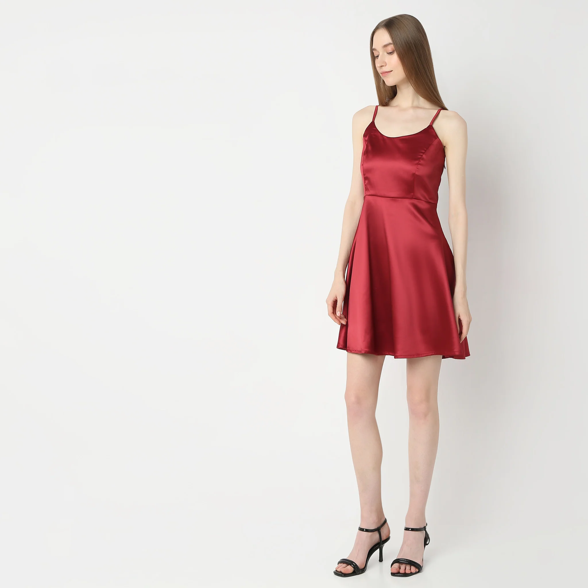 Flare Fit Shoulder Strap Satin Party Dress - Image 5