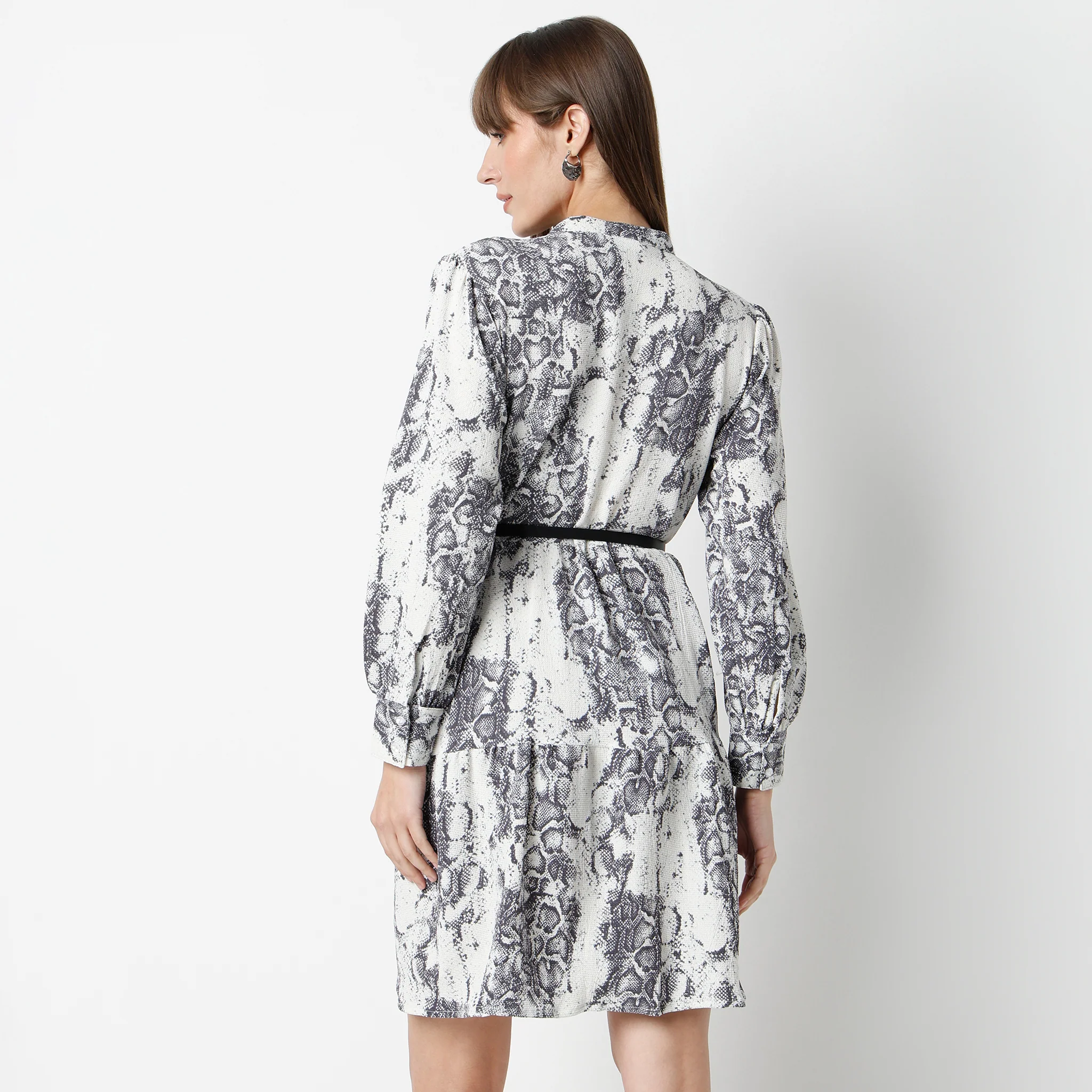 Flare Fit Printed Above Knee Band Collar Full Sleeve Dress - Image 3