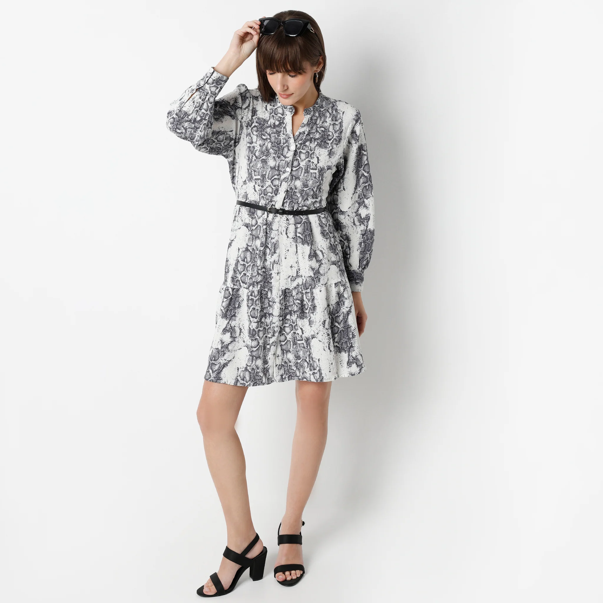 Flare Fit Printed Above Knee Band Collar Full Sleeve Dress - Image 4
