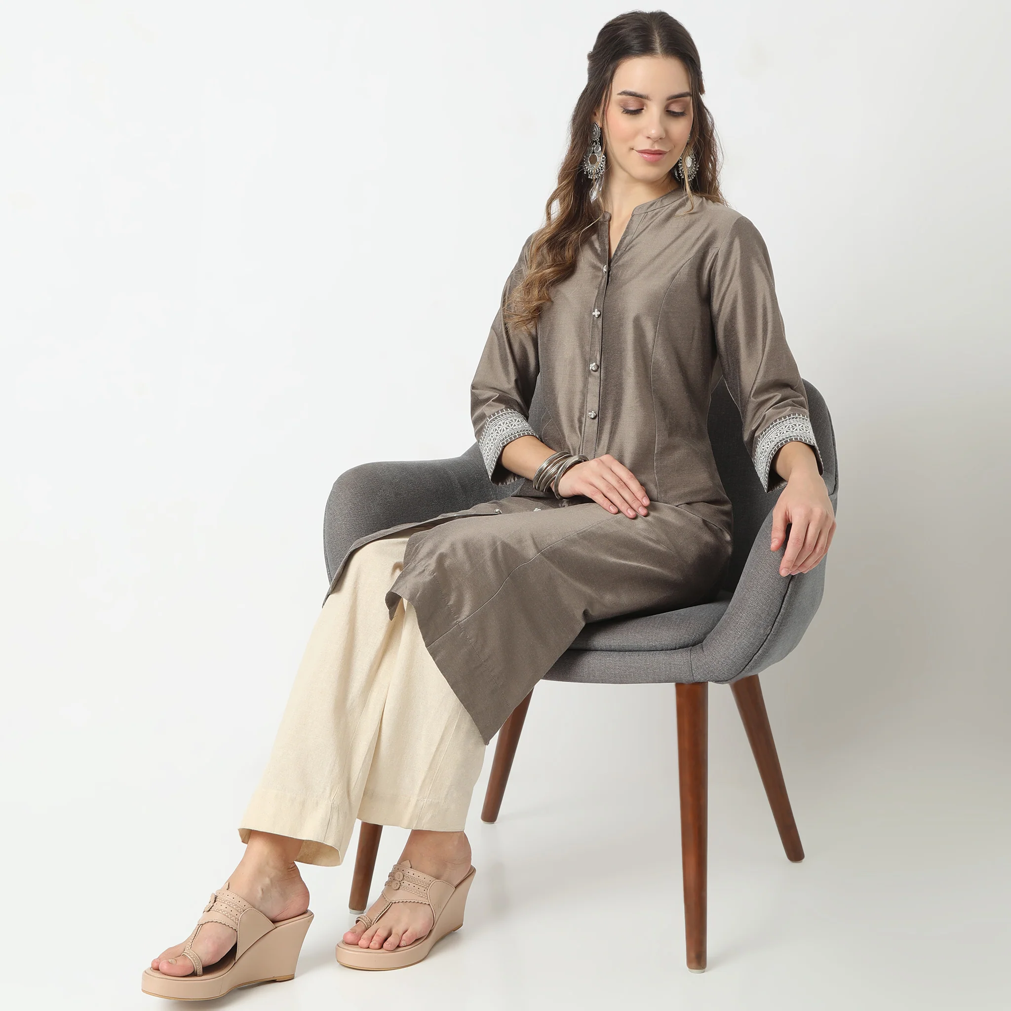 Flare Fit Printed Band Collar Embroidered Below Knee Kurta