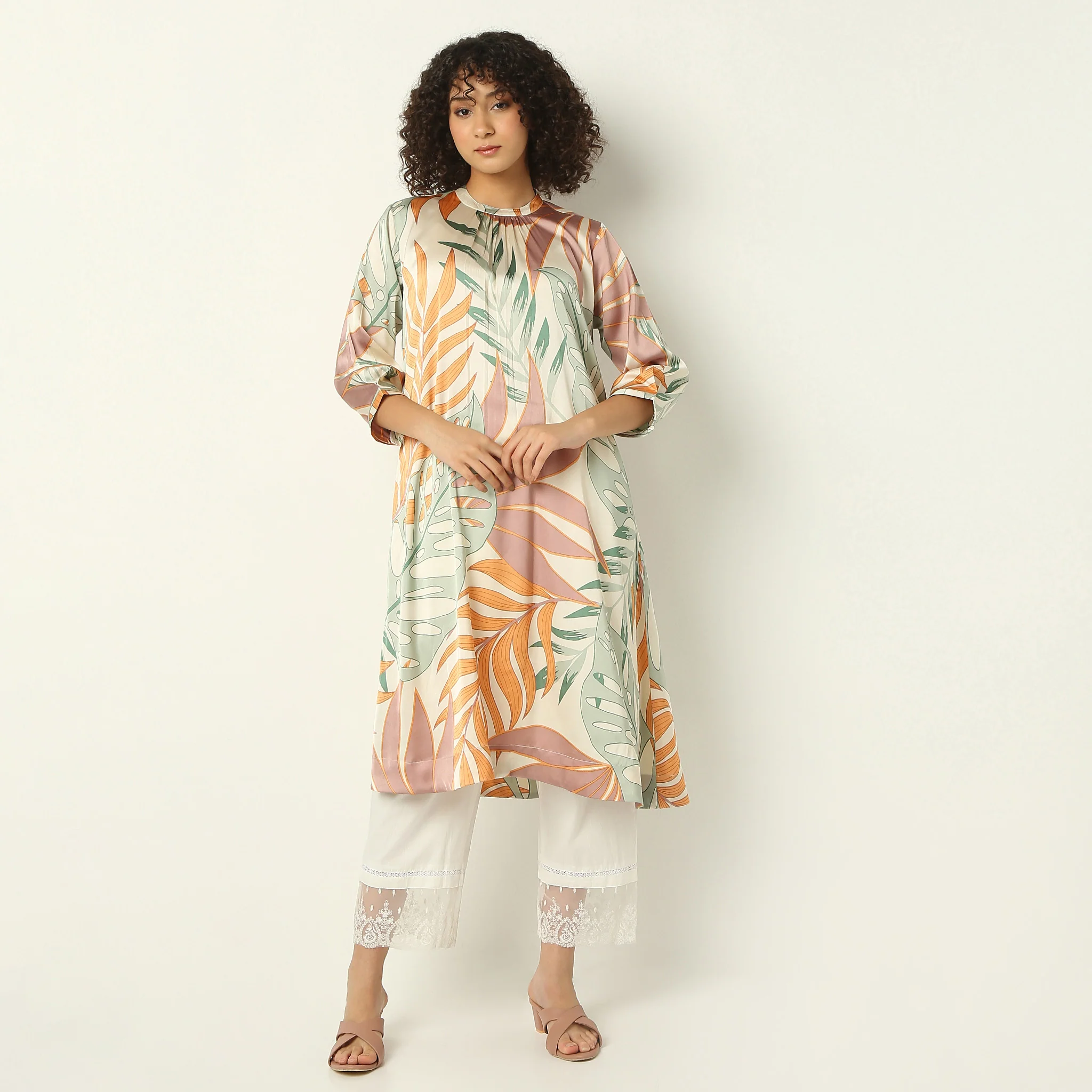 Band Neck Flare Fit Printed Kurta - Image 2
