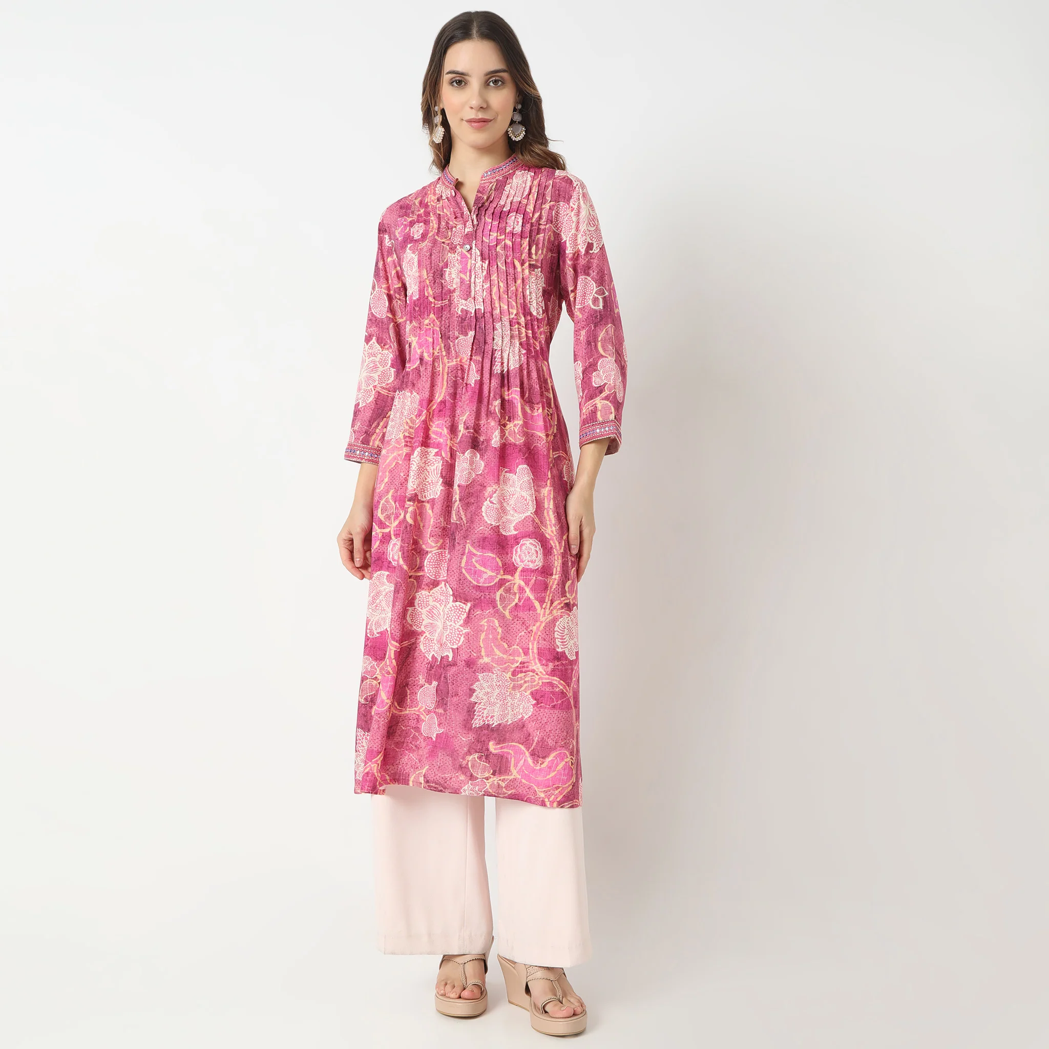 Flare Fit Printed Band Neck Below Knee Kurta - Image 2