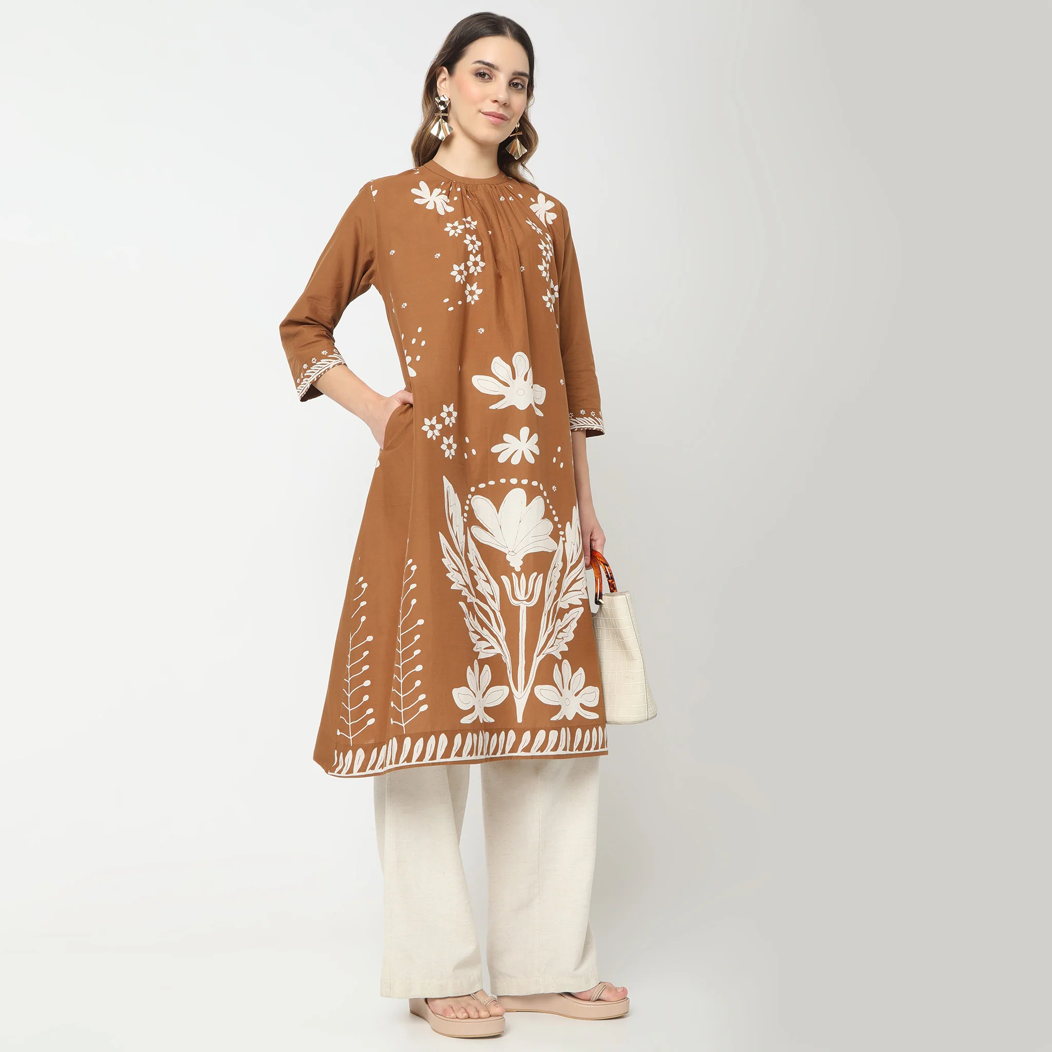 Flare Fit Printed Band Neck Gathered Kurta