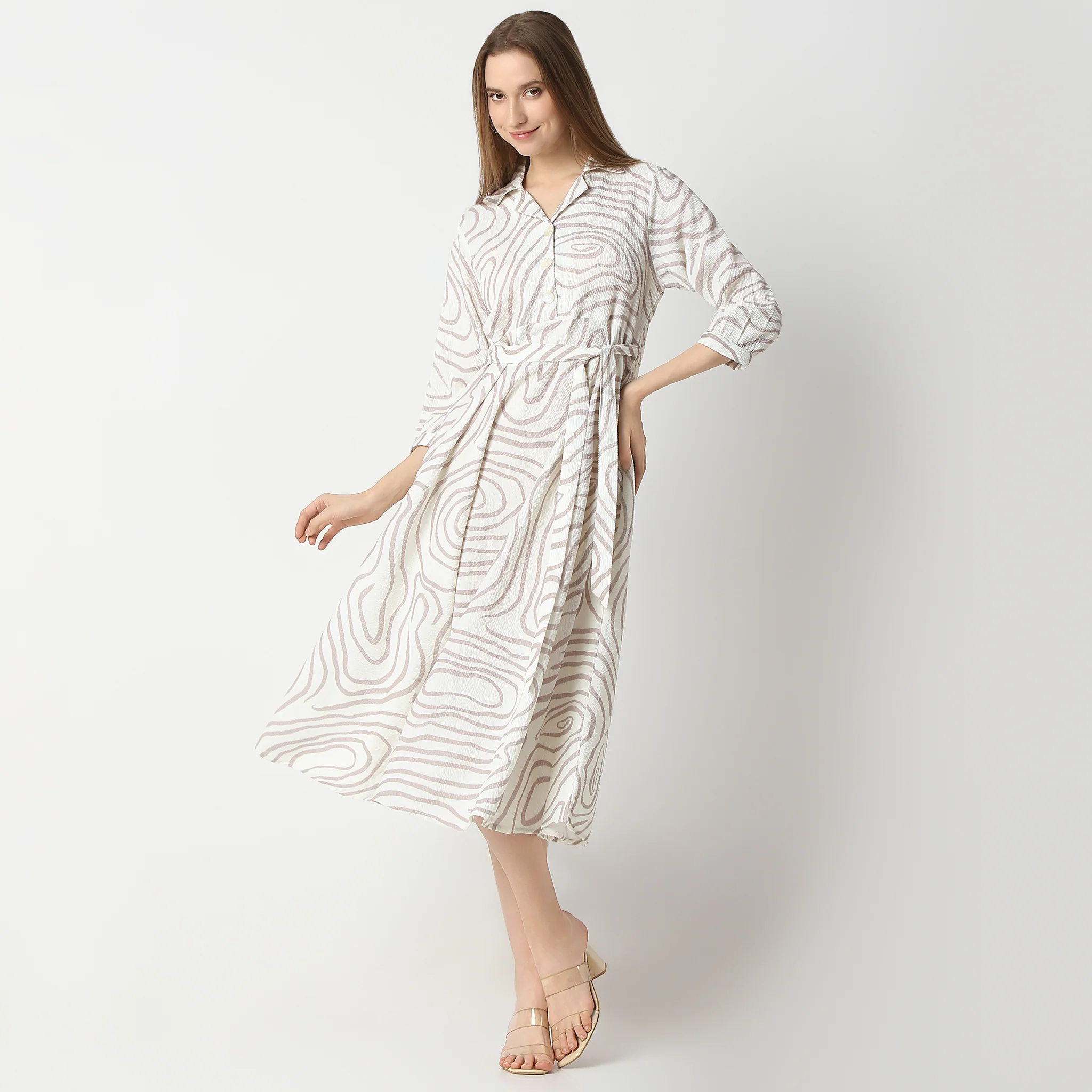 Flare Fit Printed Below Knee Lapel Collar Dress