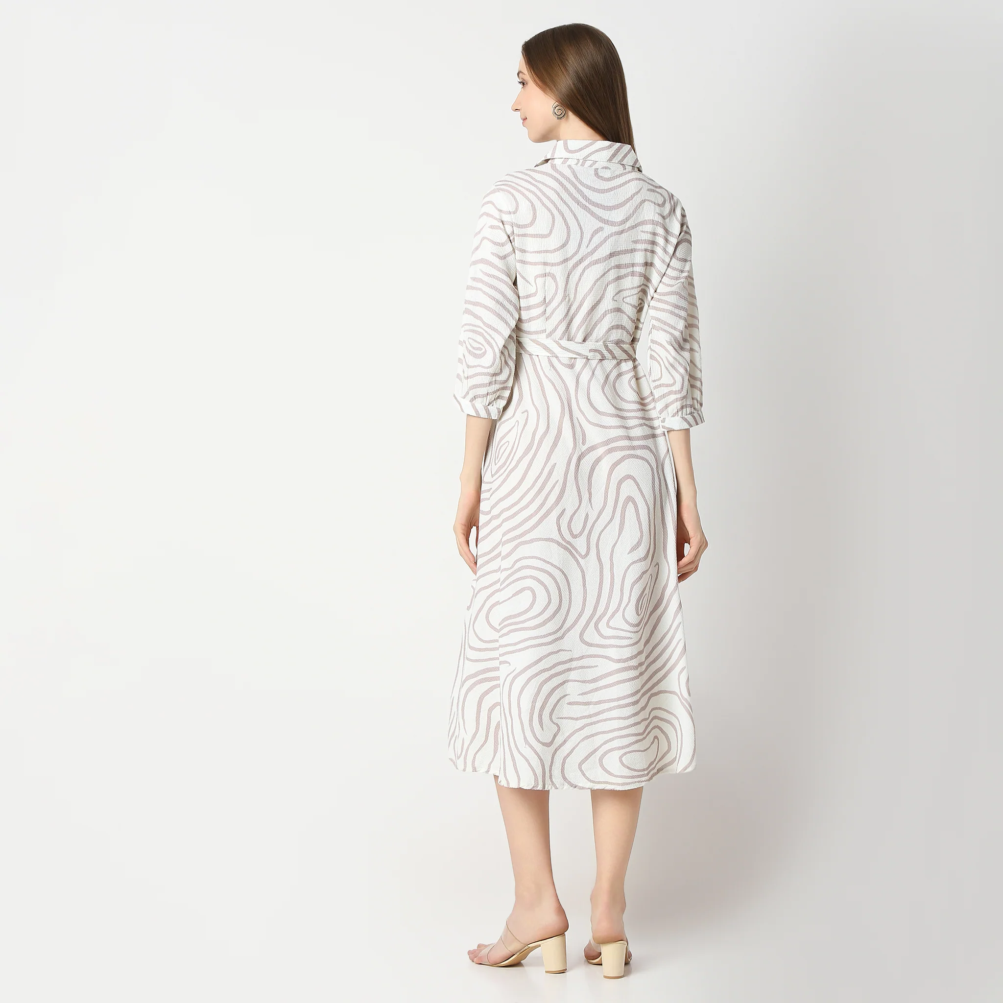 Flare Fit Printed Below Knee Lapel Collar Dress - Image 3