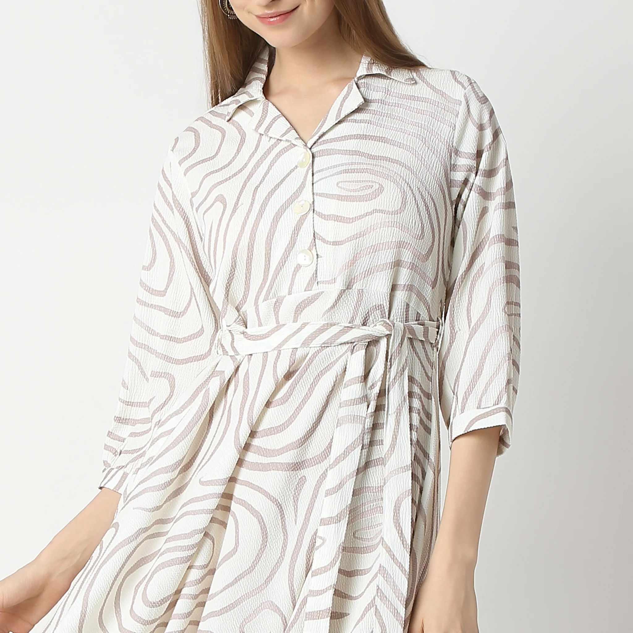 Flare Fit Printed Below Knee Lapel Collar Dress - Image 4