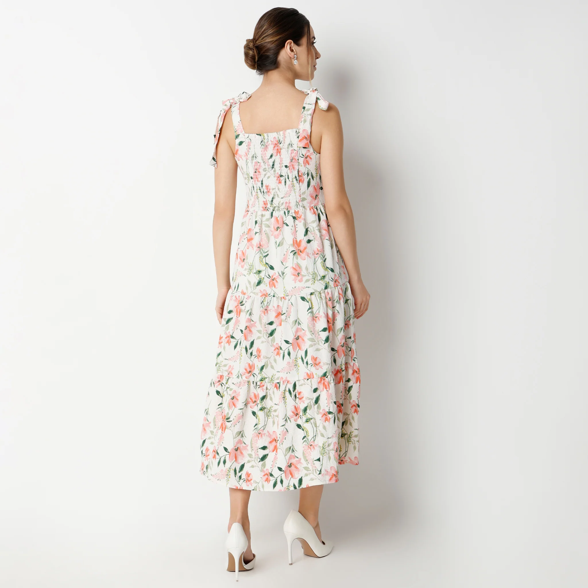 Flare Fit Printed Calf Length Square Neck Strap Shoulder Tiered Dress - Image 3