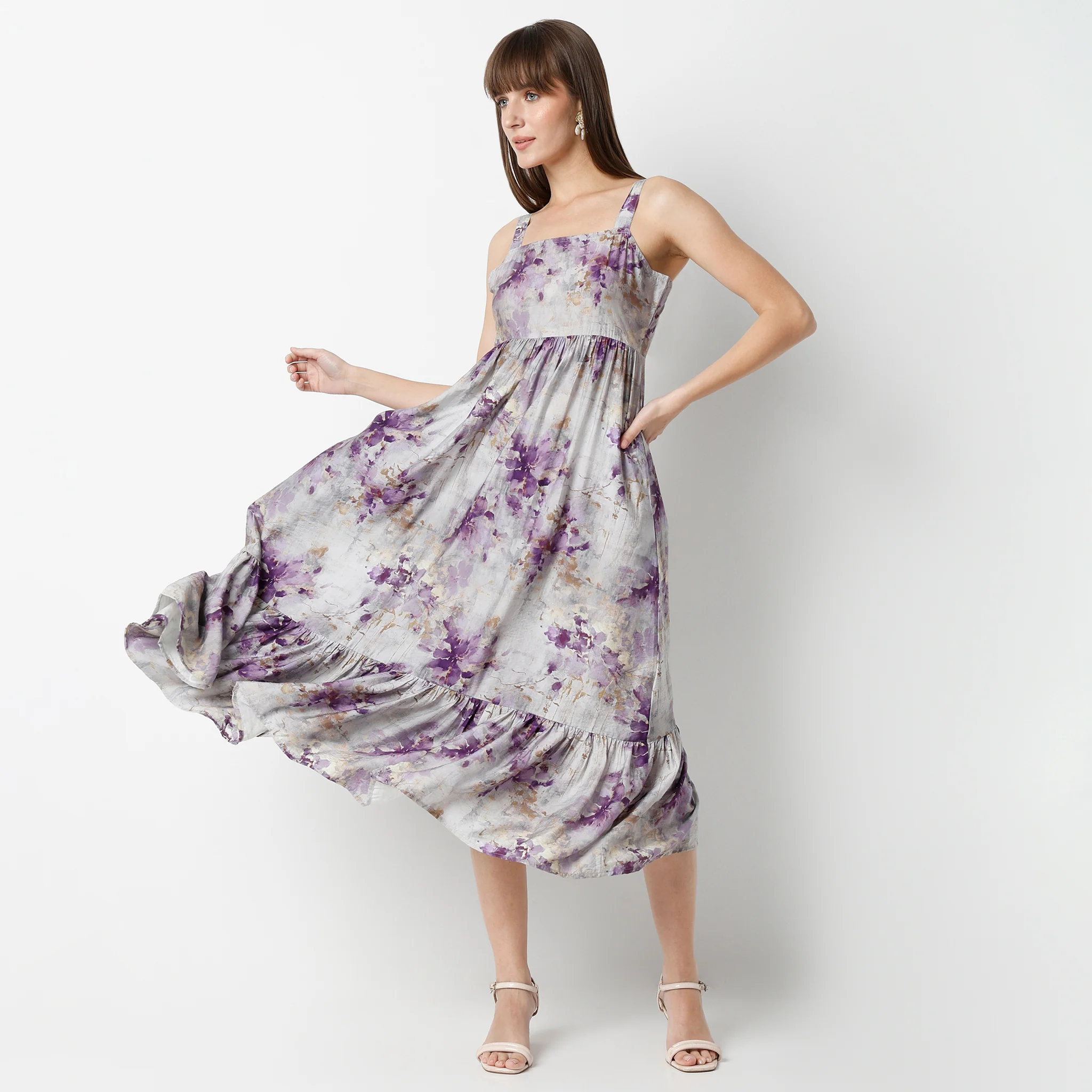 Flare Fit Printed Calf Length Square Neck Strap Dress