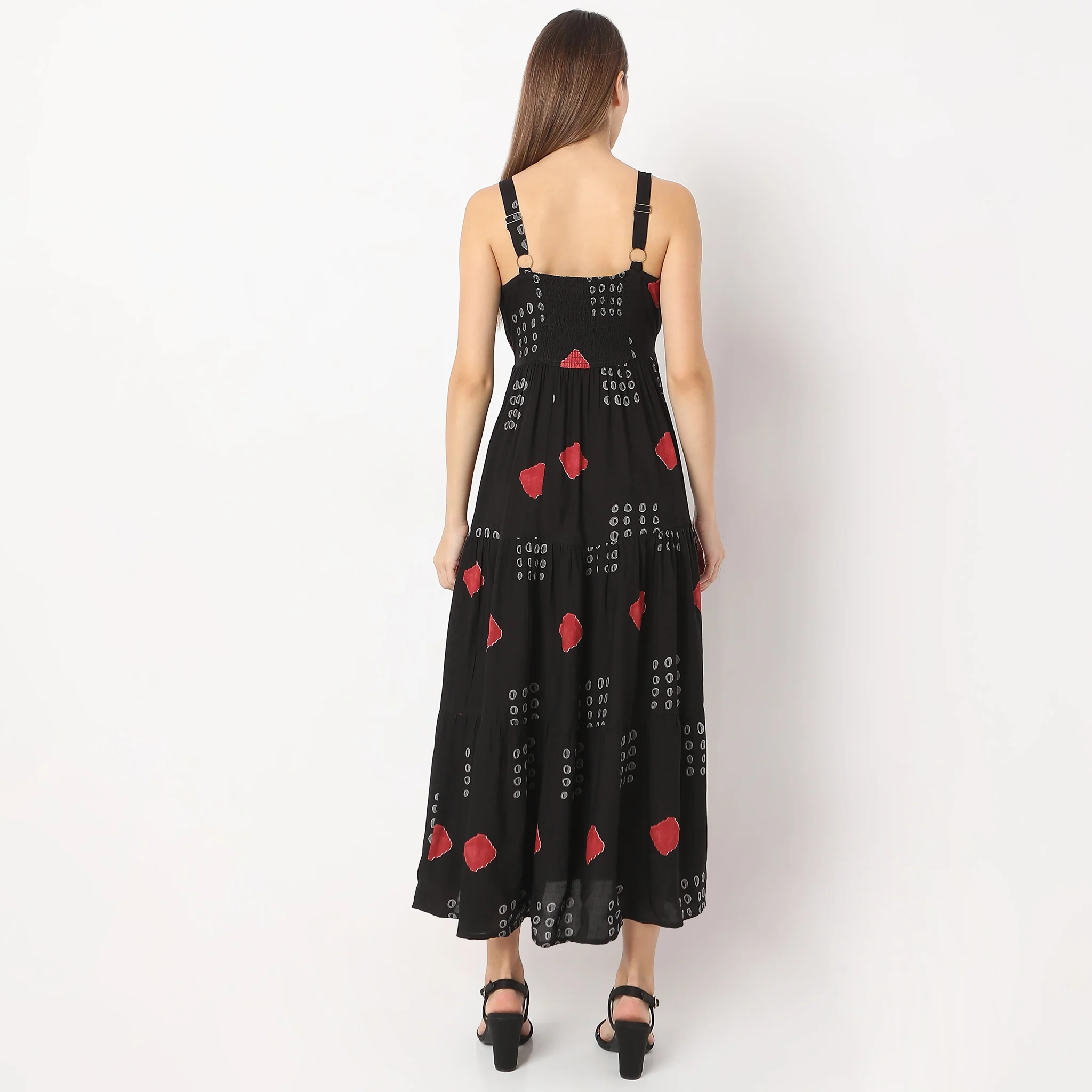 Flare Fit Printed Calf Length Square Neck Tiered Sleeveless Dress - Image 3