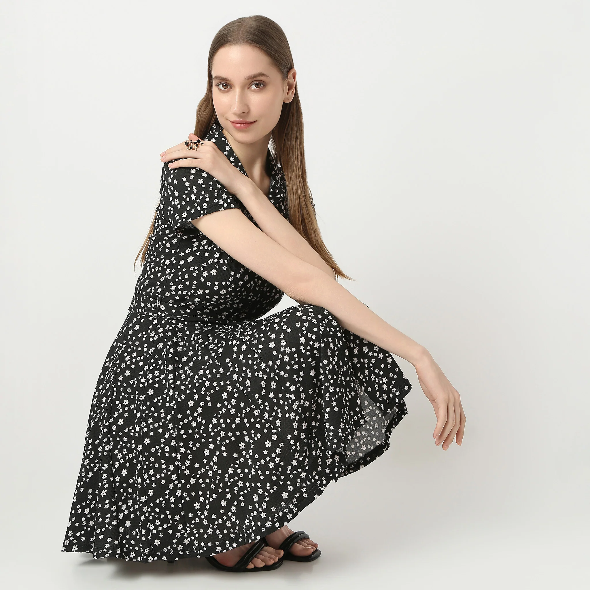 Flare Fit Printed Above Knee Shirt Collar Short Sleeve Dress