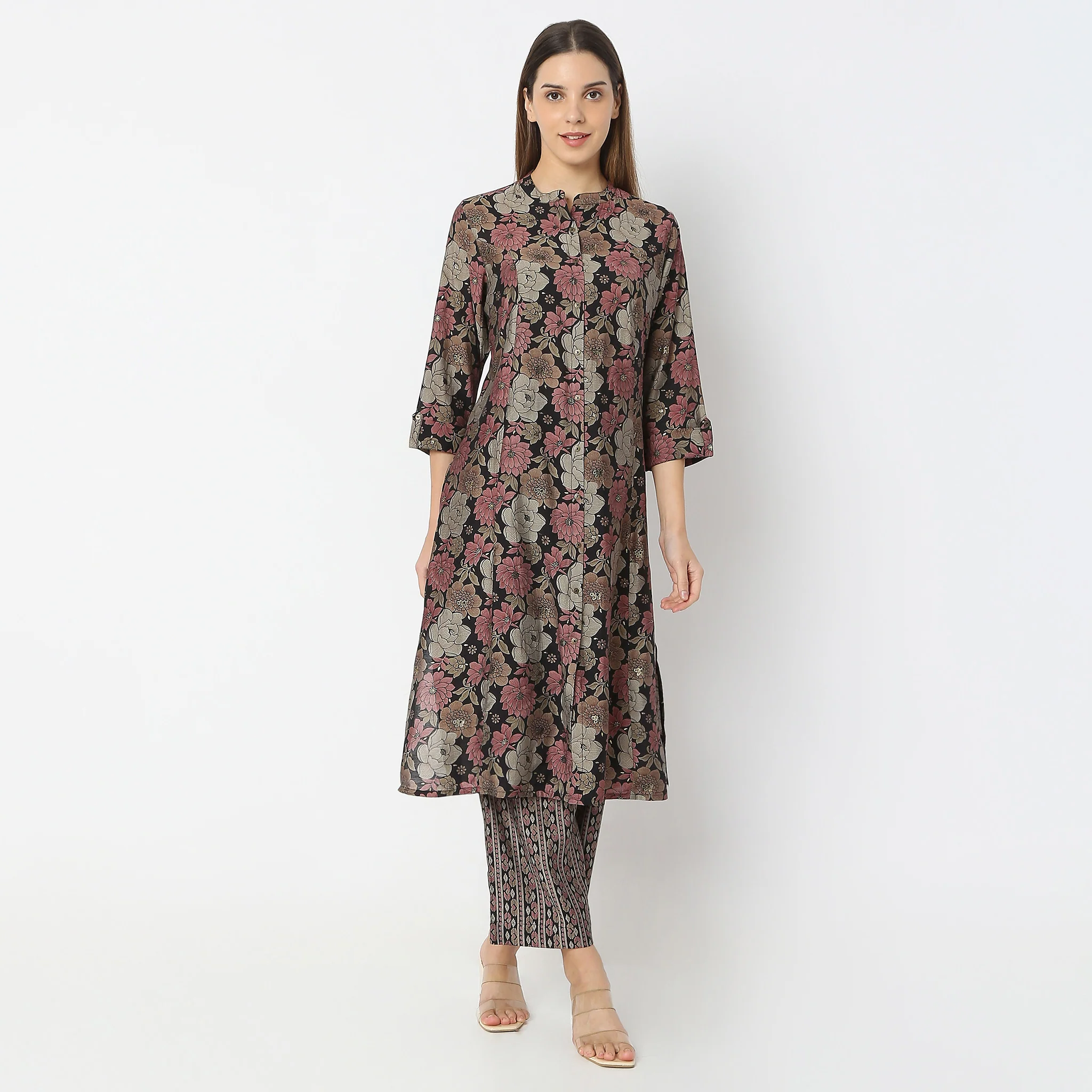 Flare Fit Printed Essential Band Collar Kurta With Pant Set - Image 2