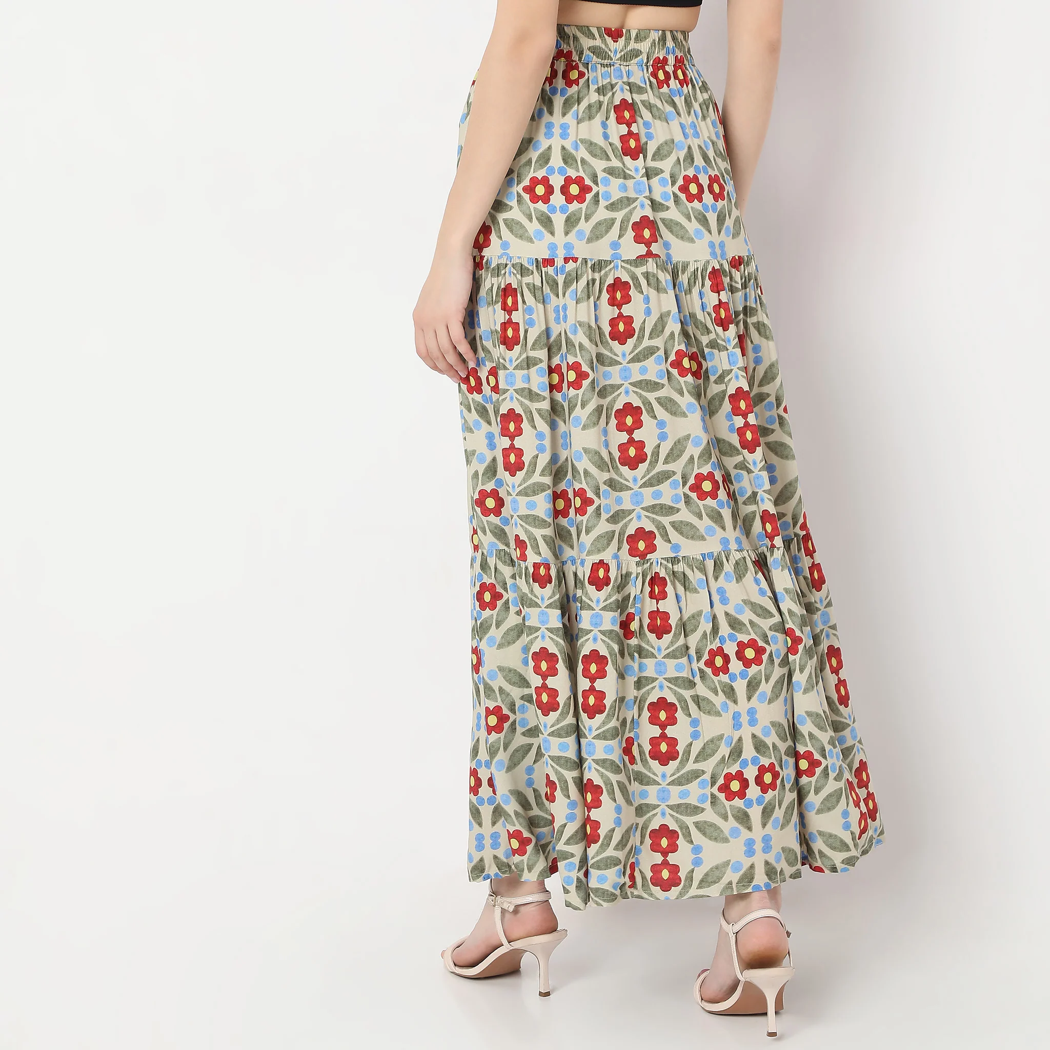 Flare Fit Printed Full Length A-Line Abstract High Rise Tiered Skirt - Image 3