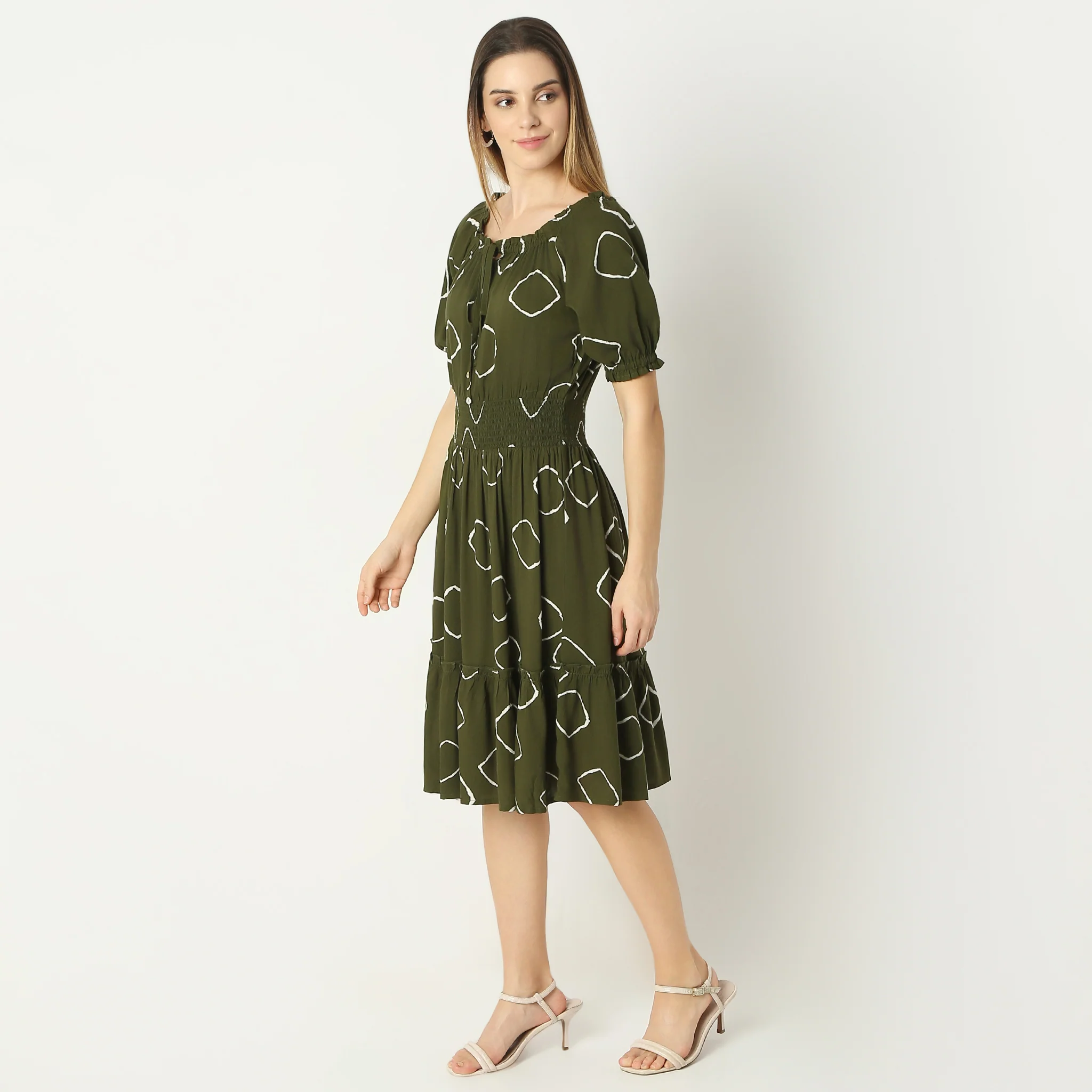 Flare Fit Printed Knee Length Square Neck Short Sleeve Dress - Image 5