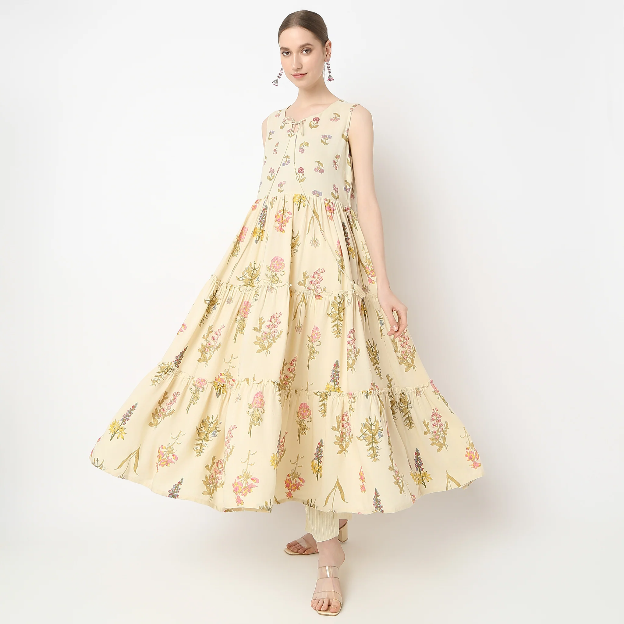 Flare Fit Printed Below Knee V-Neck Alia Cut Sleeveless Kurta