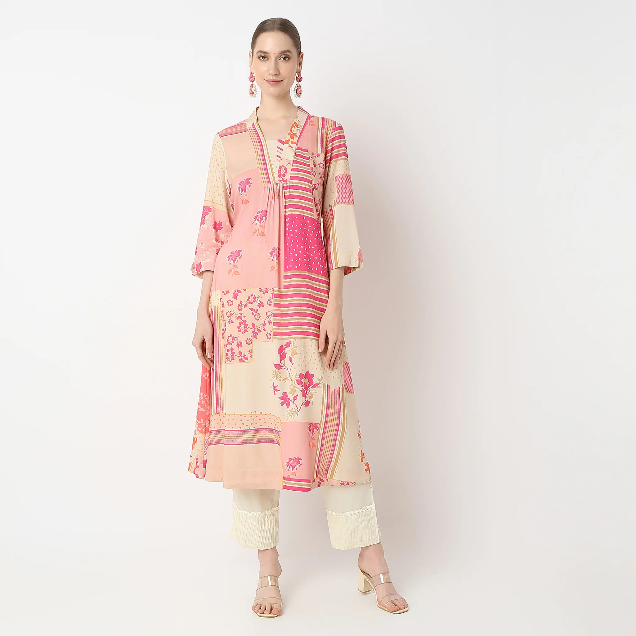 Flare Fit Printed Below Knee V-Neck A-Line Kurta - Image 2