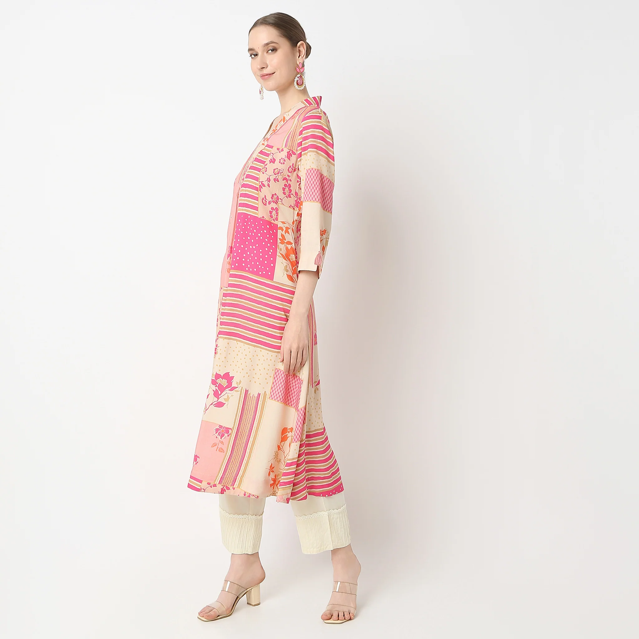 Flare Fit Printed Below Knee V-Neck A-Line Kurta - Image 5