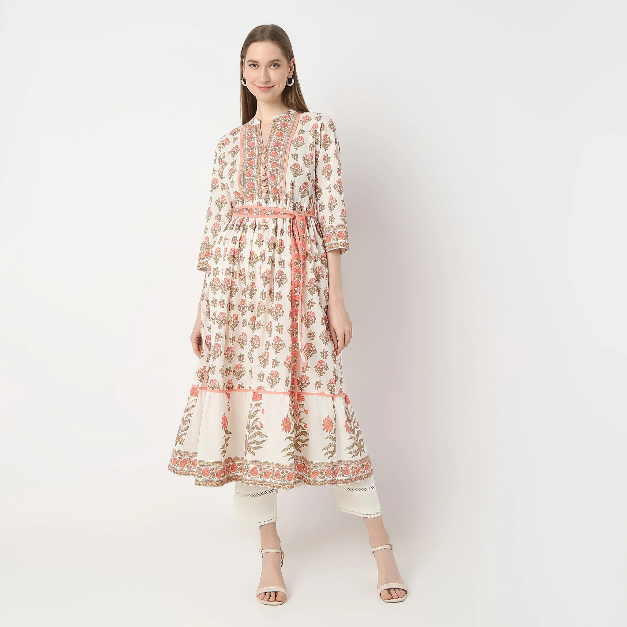 Flare Fit Printed Below Knee Band Collar Kurta - Image 2