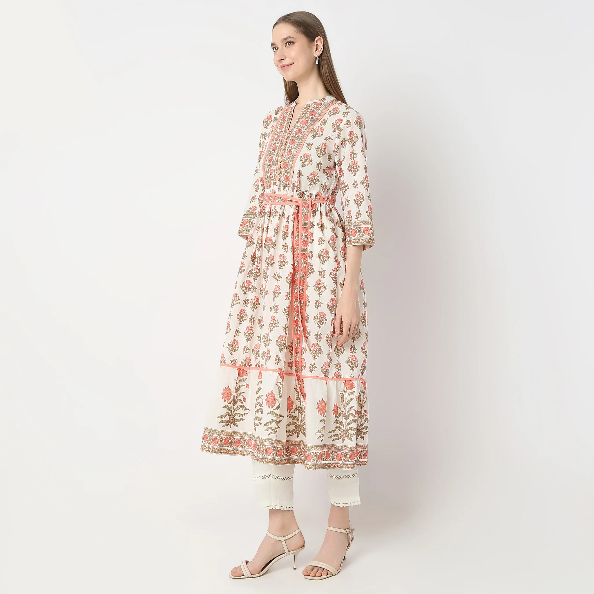 Flare Fit Printed Below Knee Band Collar Kurta - Image 5