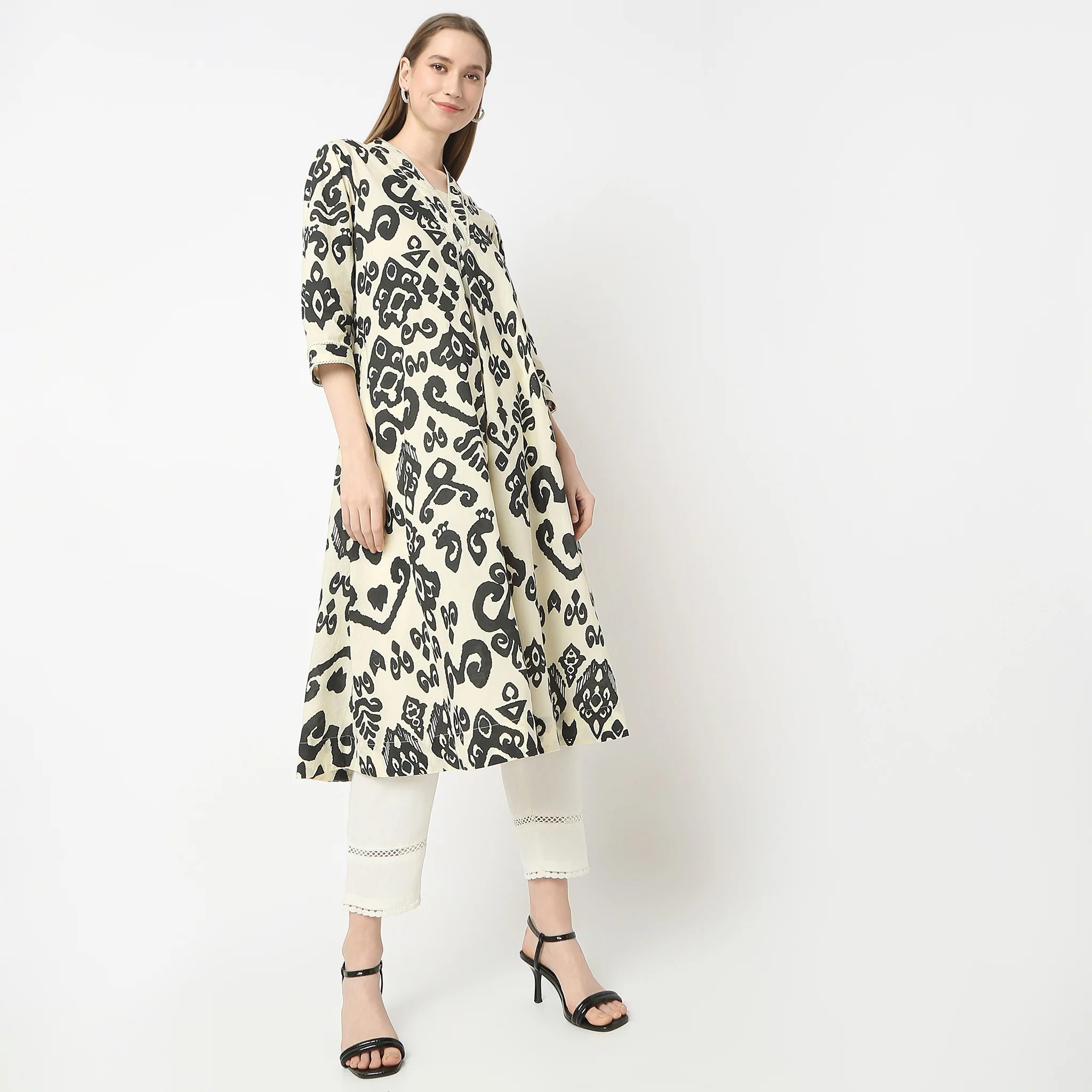 Flare Fit Printed Below Knee V-Neck A-Line Affinity Kurta