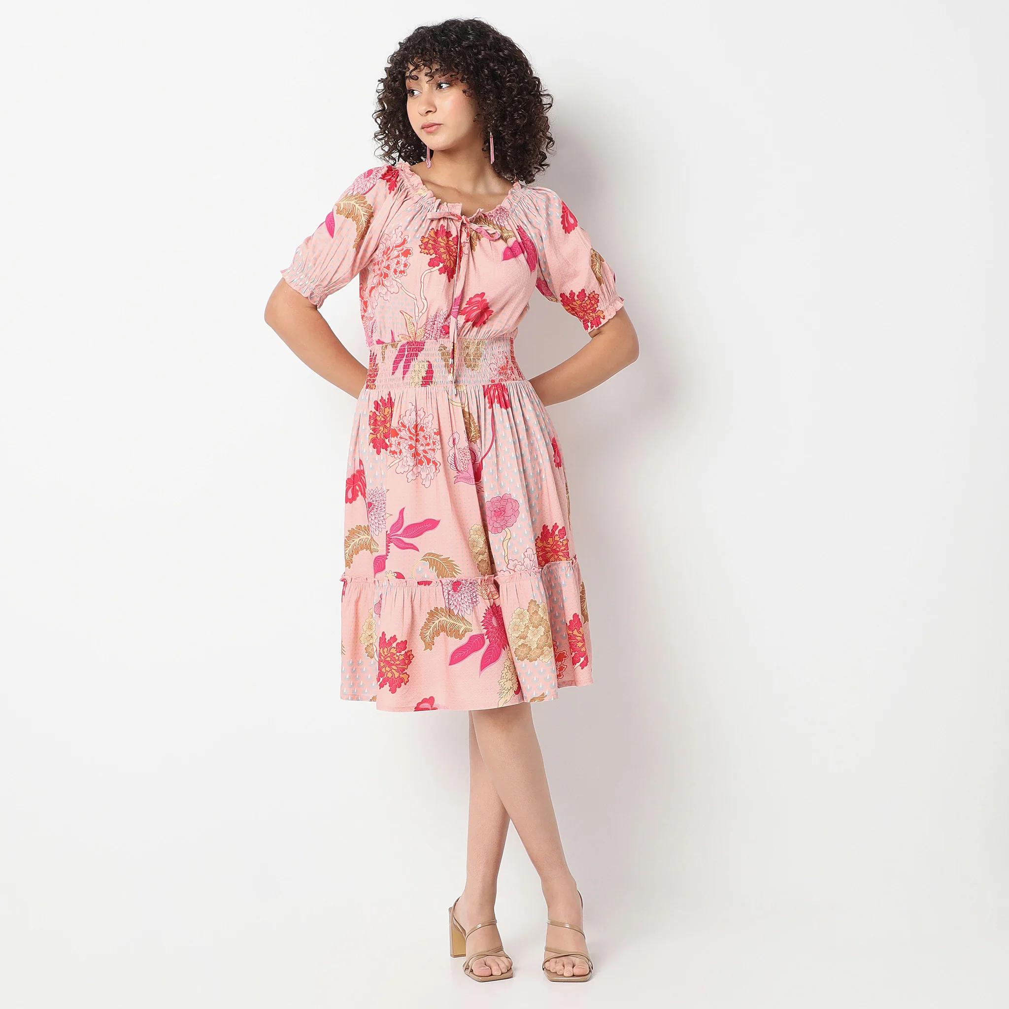 Off Shoulder Calf Length Flare Fit Printed Dress - Image 2