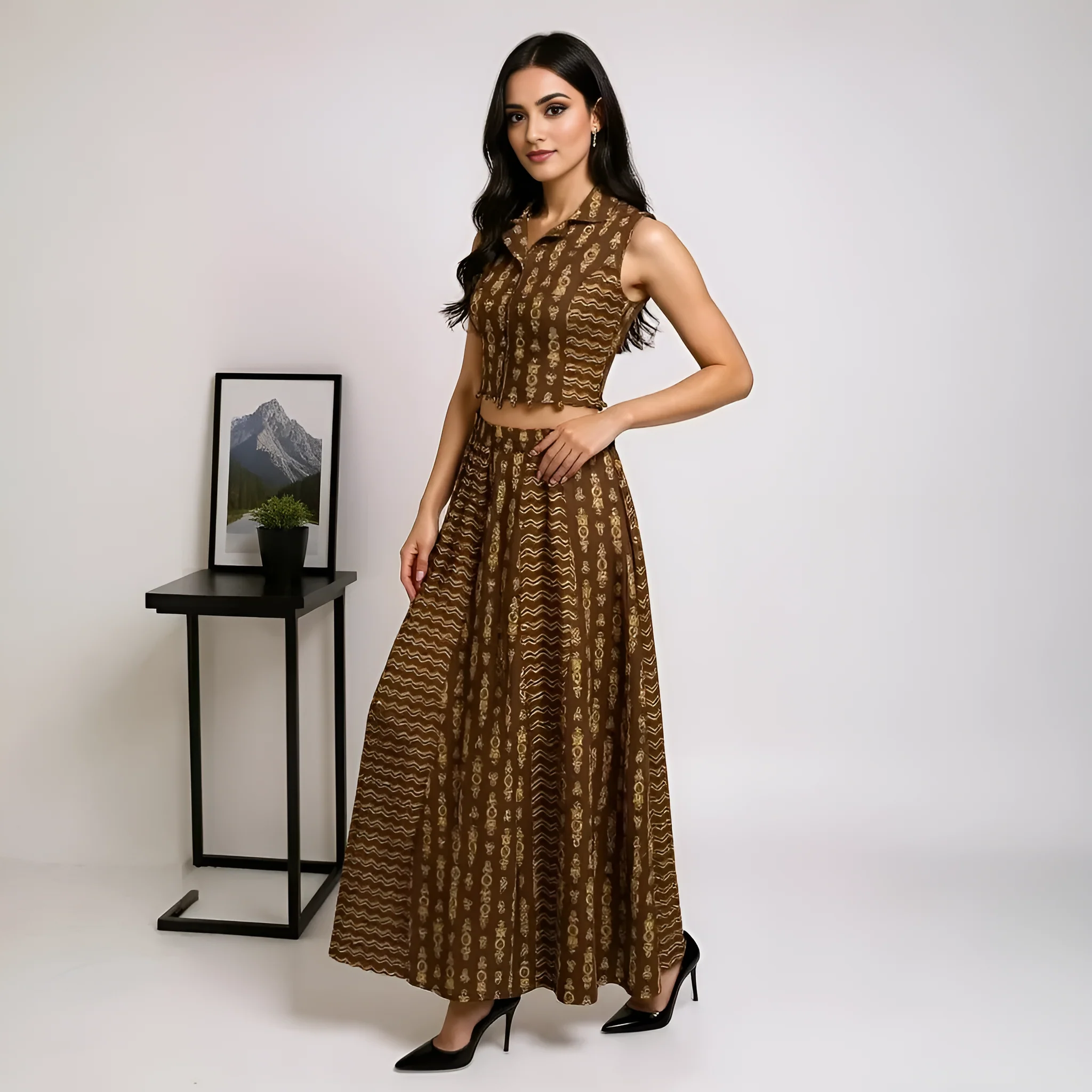 Printed Below Knee Flared Skirt