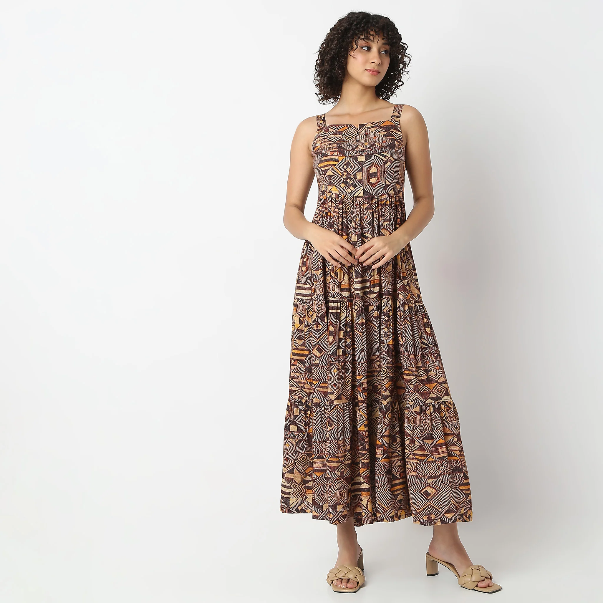Abstract Print A-Line Shoulder Strap Tiered Dress - Image 2