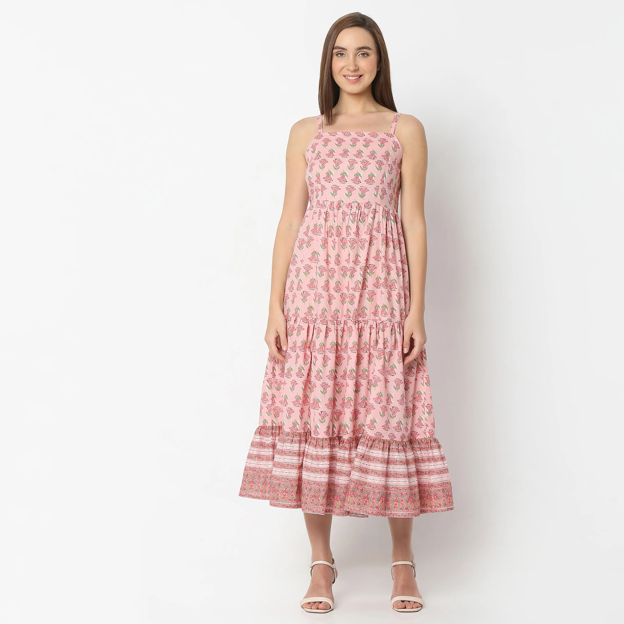 Flare Fit Printed Below Knee Strapy Dress - Image 2