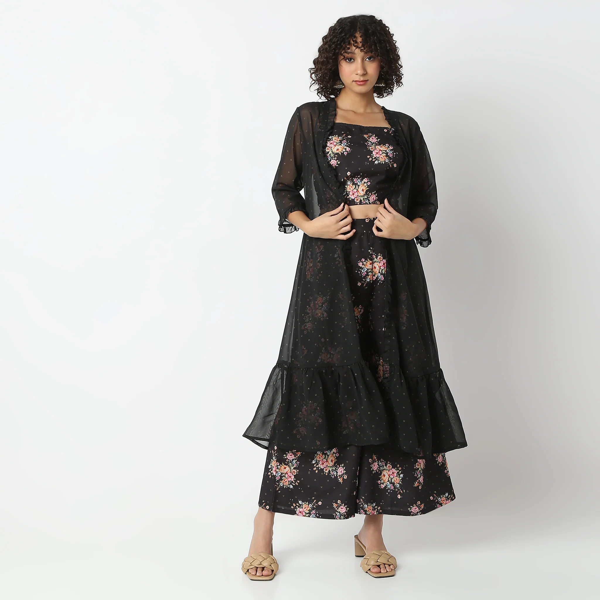 Flare Fit Printed Square Neck Crop Top And Palazzo With Cape Set - Image 2