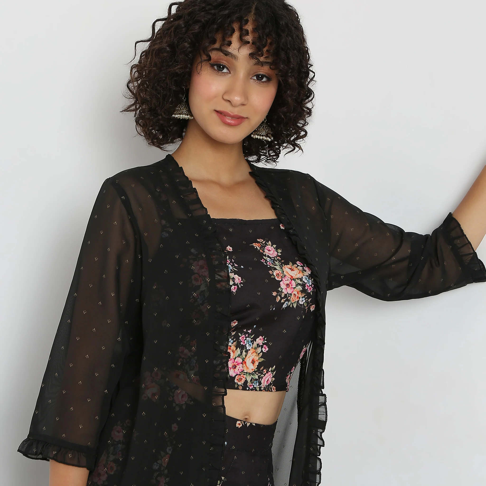 Flare Fit Printed Square Neck Crop Top And Palazzo With Cape Set - Image 5